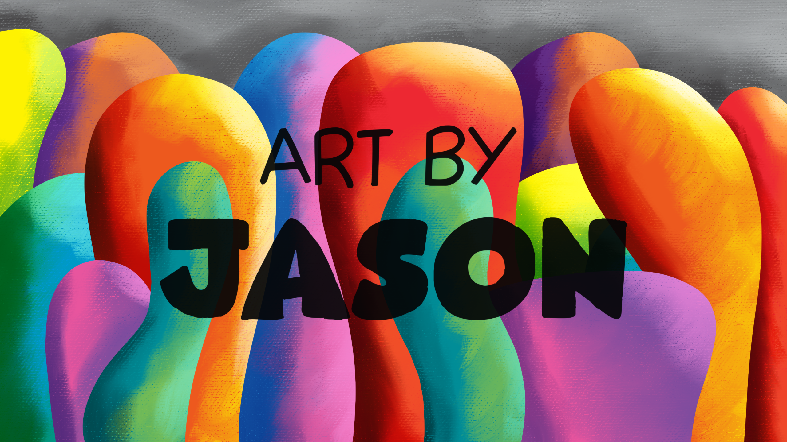 Bold, rounded organic shapes in a full rainbow spectrum (red, orange, yellow, green, blue, purple) rise against a dark gray background; vibrant and energetic with a painterly, chunky texture.