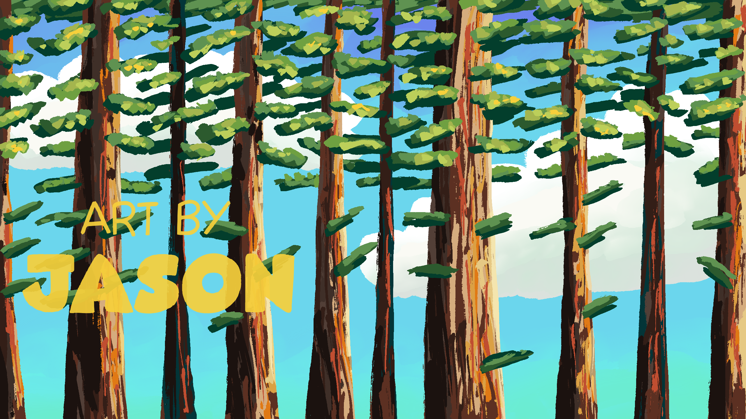 Tall redwood trunks with flat-painted canopy clusters of green fill the frame against a bright turquoise-blue sky; stylized and graphic, evoking a retro nature-poster aesthetic.