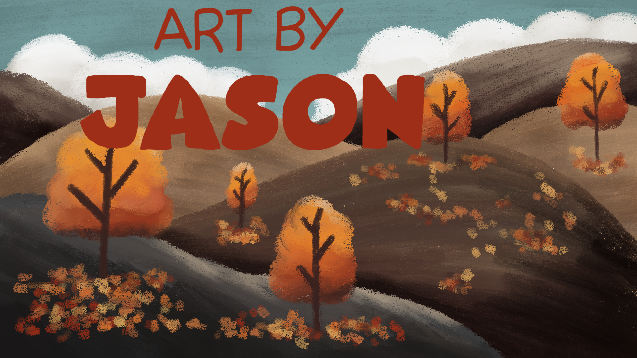 Rolling dark-brown hills dotted with small orange and golden trees with scattered fallen leaves, beneath a pale sky; painterly digital style with a warm, cozy autumn palette.
