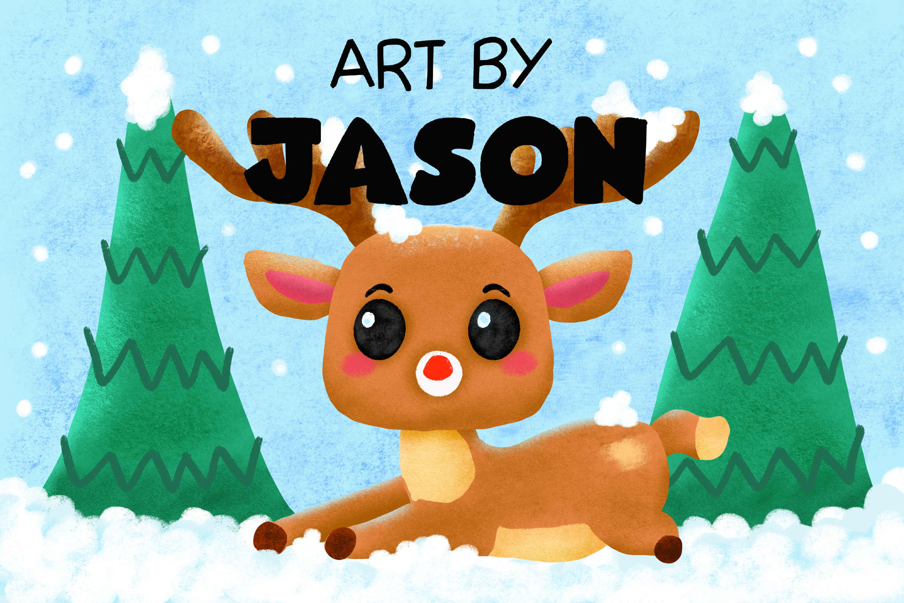A sweet, wide-eyed baby reindeer in soft brown tones stands in a snowy winter scene; gentle and charming with a childlike illustrated style.