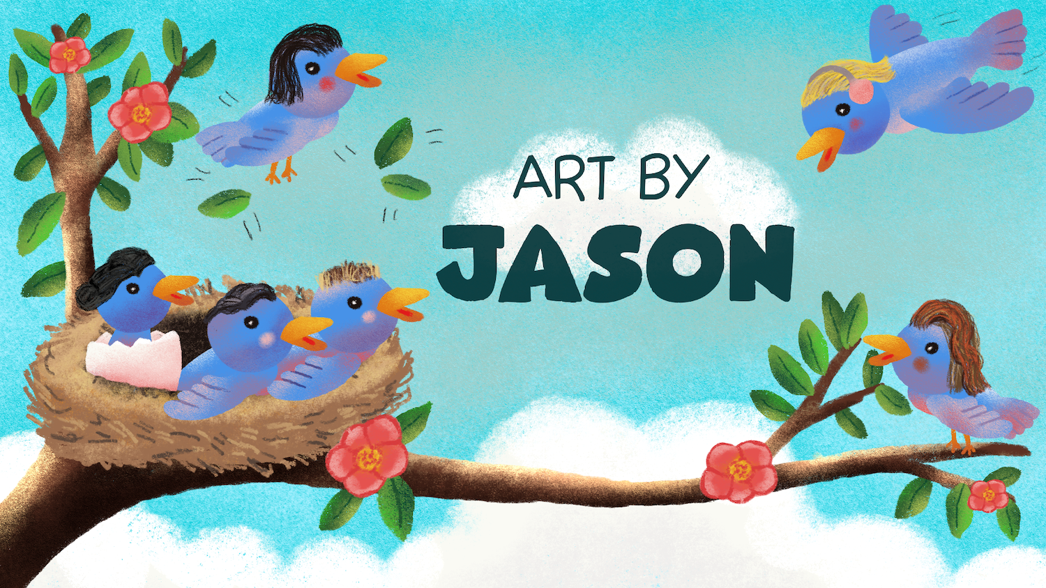 A charming children's book-style illustration of a nest full of blue baby birds in a tree, with two adult birds flying nearby; pink flowers, green leaves, and a soft sky-blue background give it a warm, joyful, storybook feel.