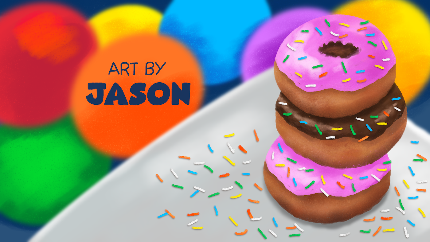 Three stacked glazed donuts (chocolate, pink, and brown with colorful sprinkles) rest on a white plate against a background of soft bokeh in primary colors; bright, celebratory, and realistic in a digital painting style.
