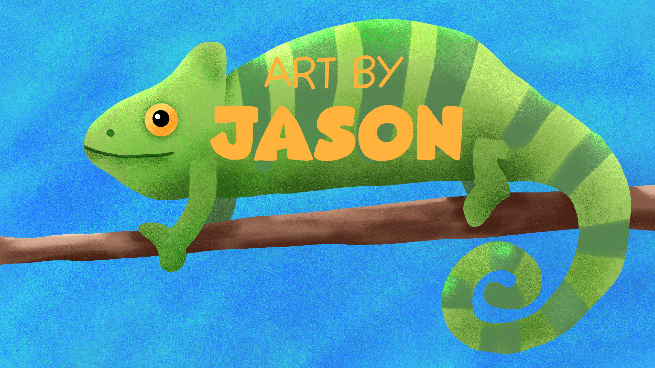 A cheerful bright-green chameleon perches on a brown branch against a vivid blue watercolor-textured background; playful and cute with a textured digital illustration style.