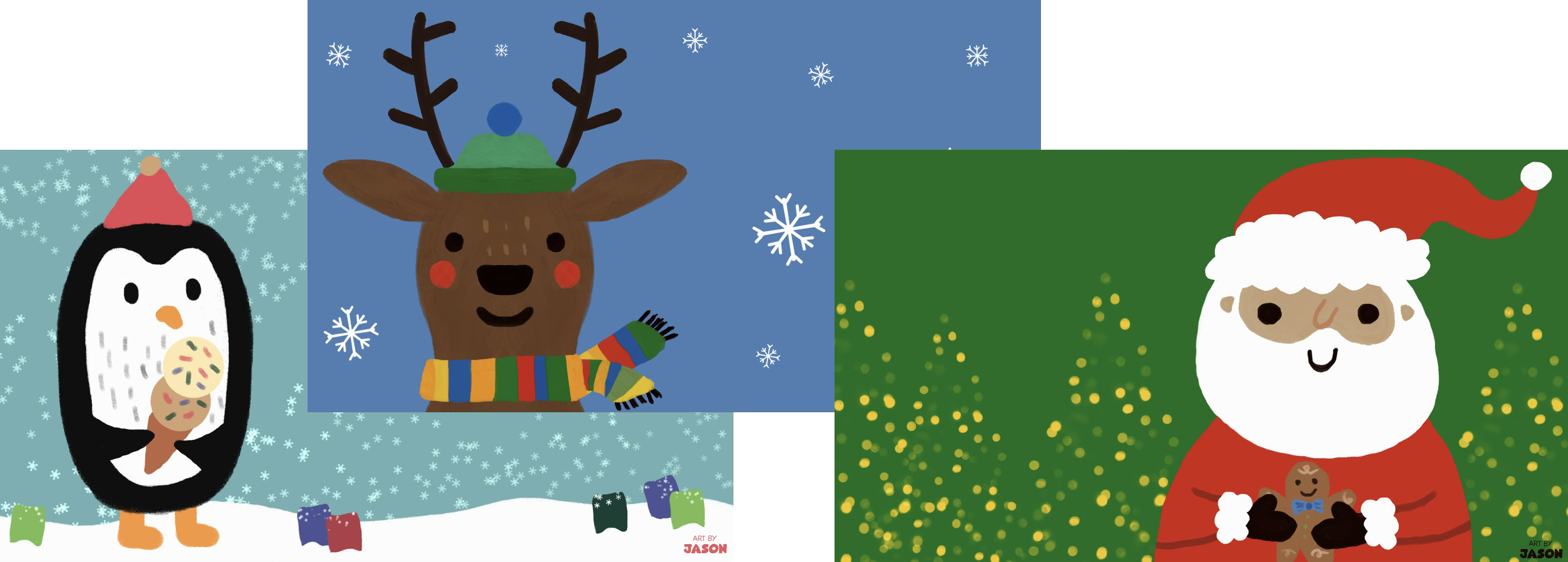 Three festive cartoon panels side-by-side: a penguin with a cookie, a reindeer in a scarf on blue with snowflakes, and Santa Claus on green; bold, flat-color digital illustration with a cheerful holiday vibe.