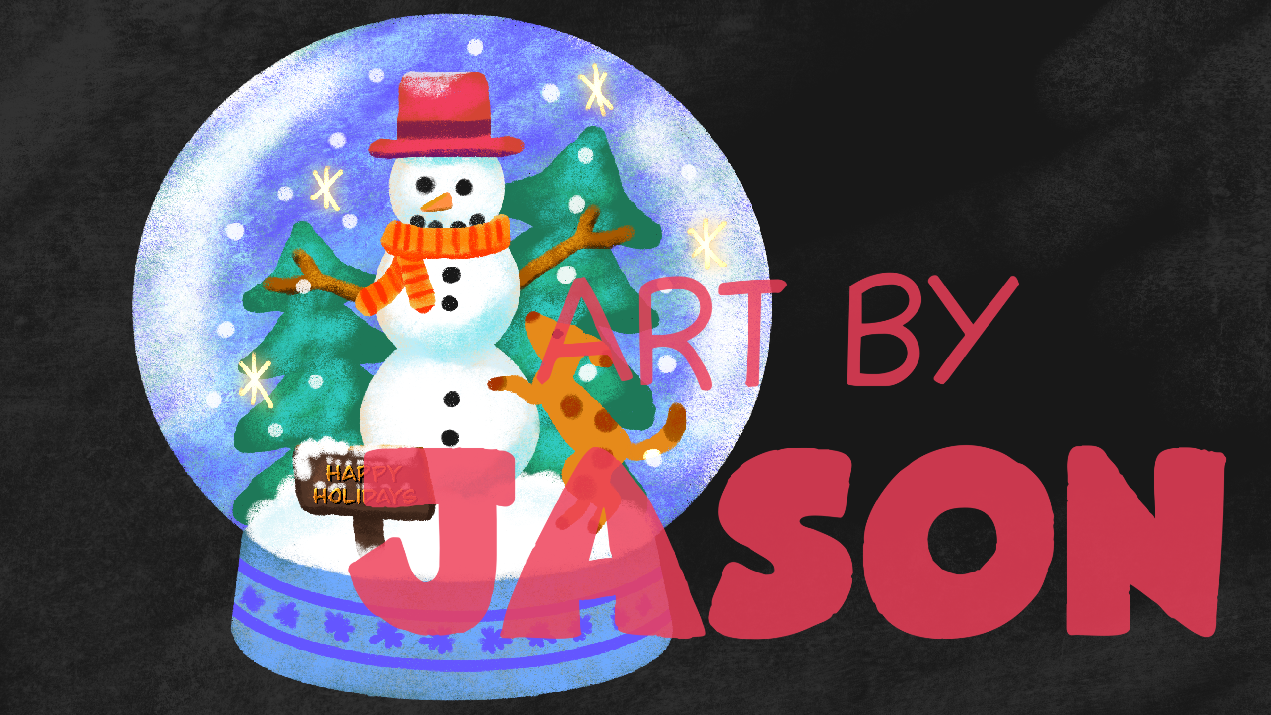 A watercolor-style snow globe on a dark chalkboard background contains a snowman, orange cat, and evergreen trees; soft blues and reds give it a warm, handcrafted feeling.