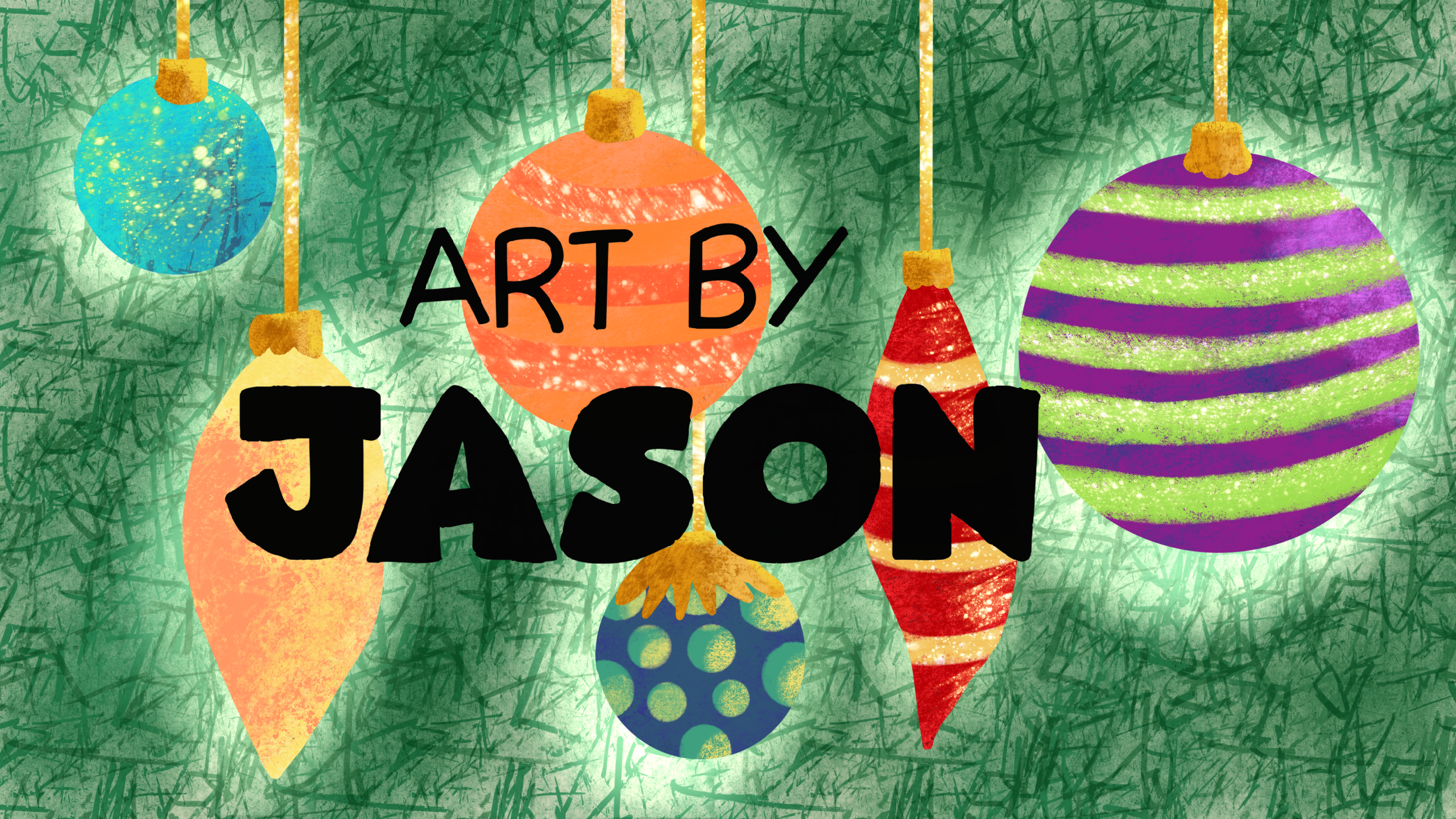 Six ornaments in varied shapes (bulb, teardrop, finial) in teal, orange, red, blue, and purple-green stripe hang on a richly textured green background; bold and graphic with a handmade quality.