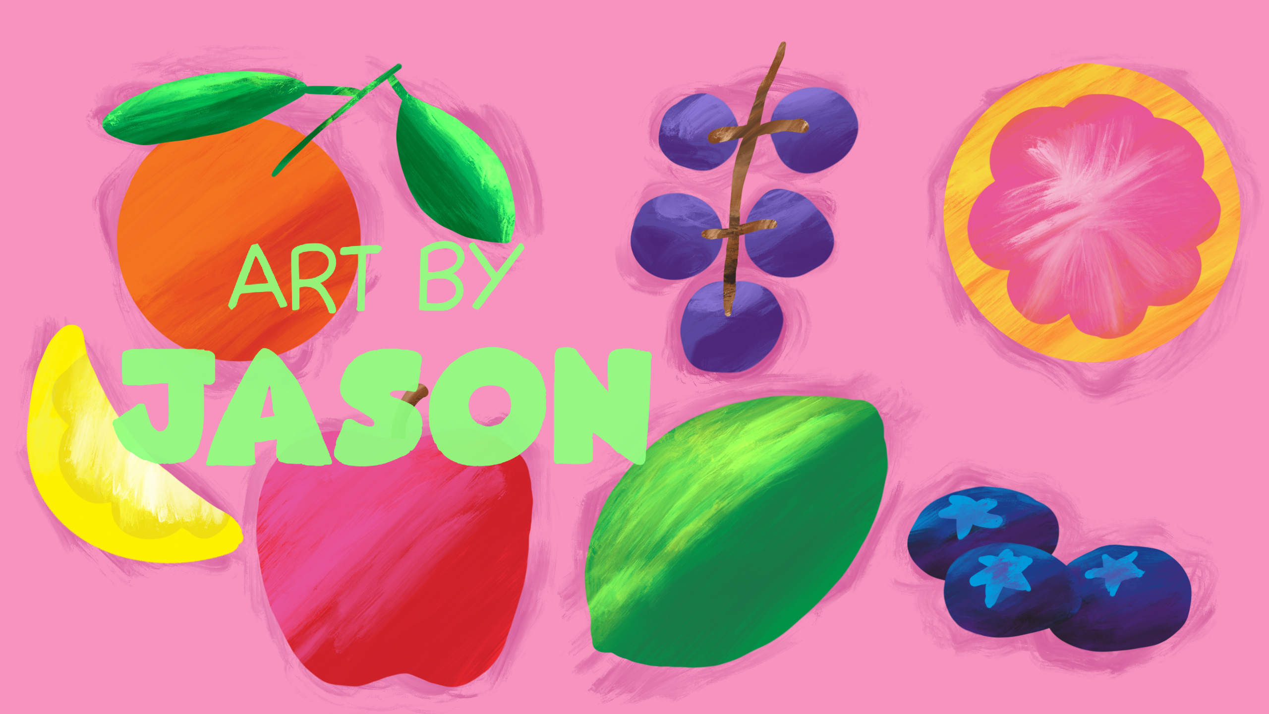Several pieces of fruit — an orange, apple, grapes, kiwi, grapefruit cross-section, and blueberries — are painted in vivid, saturated pinks, purples, and greens on a bright pink background; bold and painterly.