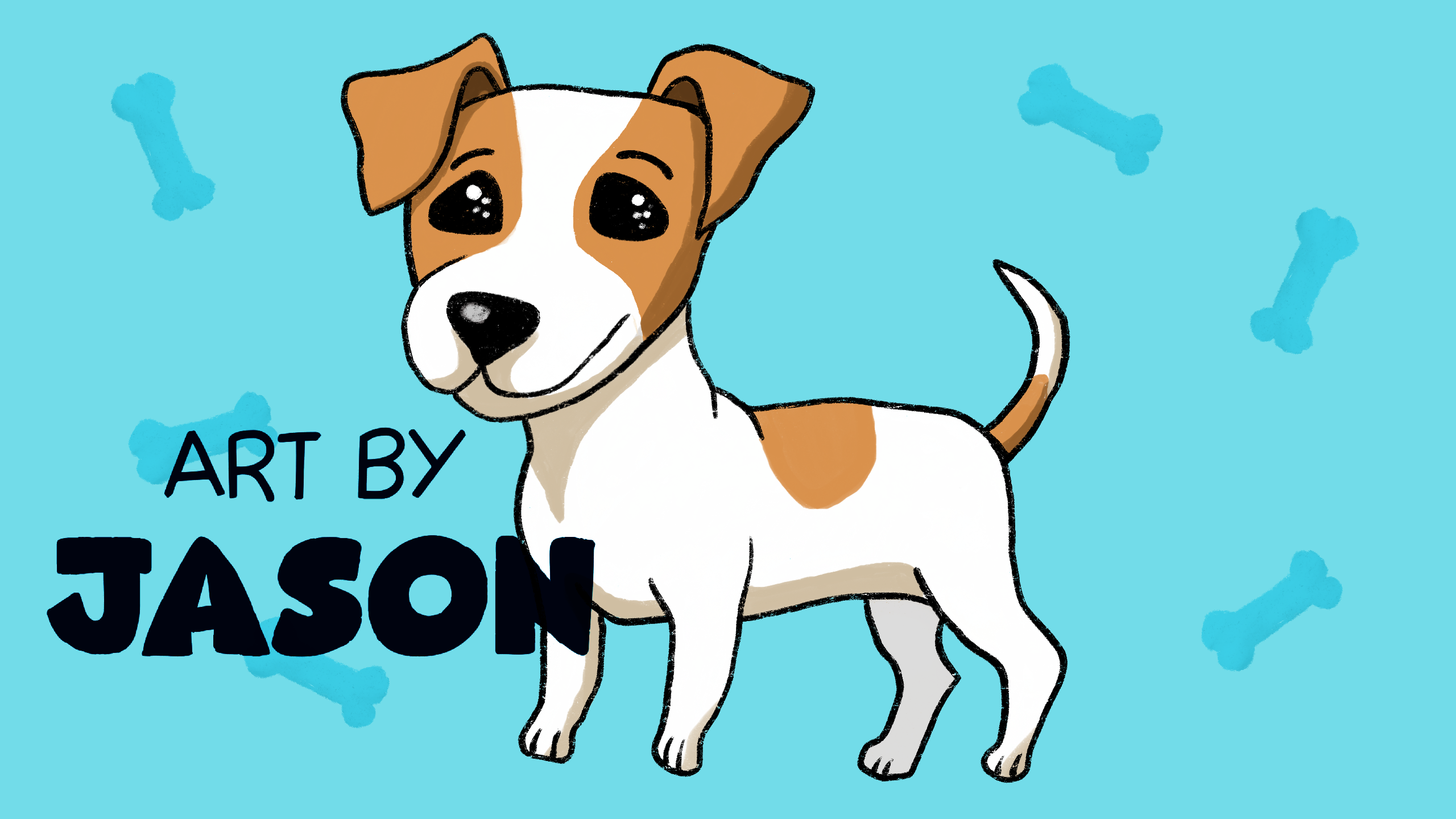 A white-and-tan Jack Russell terrier puppy with expressive eyes stands on a bright sky-blue background covered with blue dog-bone icons; clean, cartoonish style with a cheerful and friendly mood.