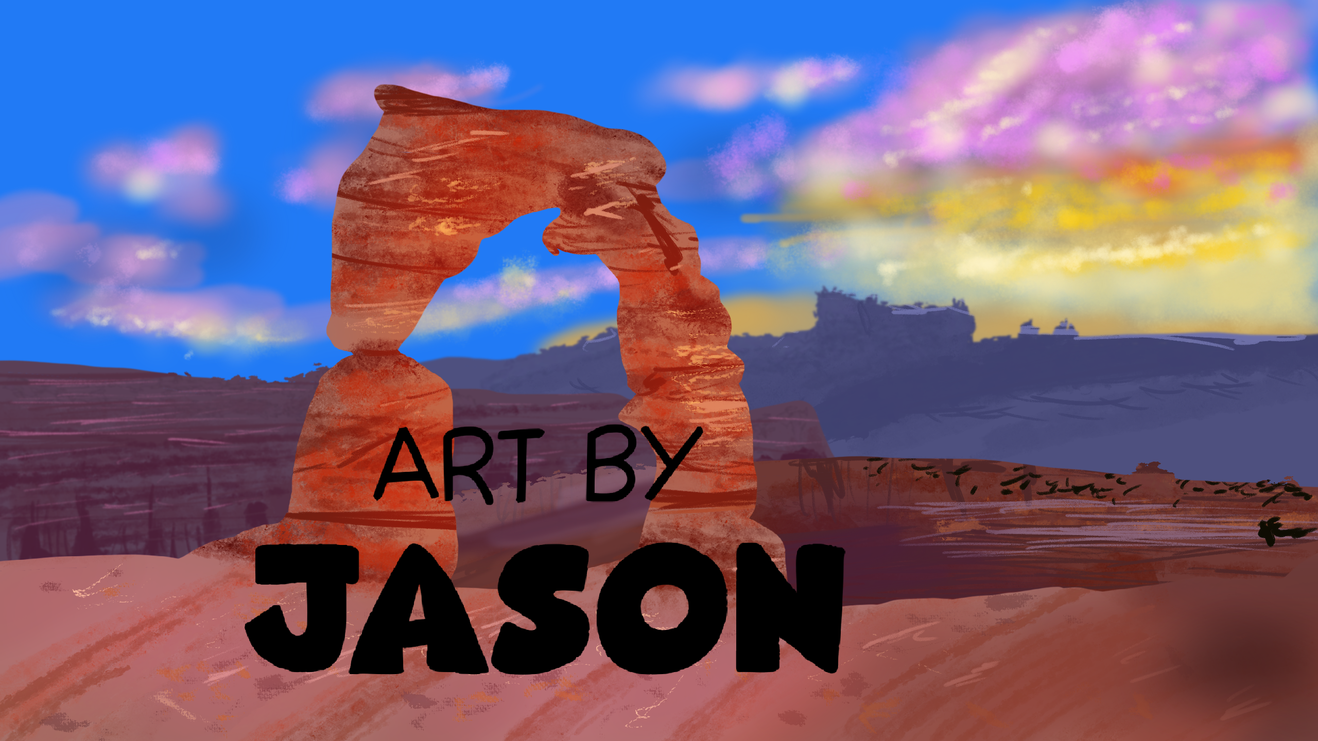 The iconic red sandstone arch of Delicate Arch rises against a vivid blue sky with colorful painted clouds and a warm desert landscape; bold and impressionistic with deep rust-orange tones.