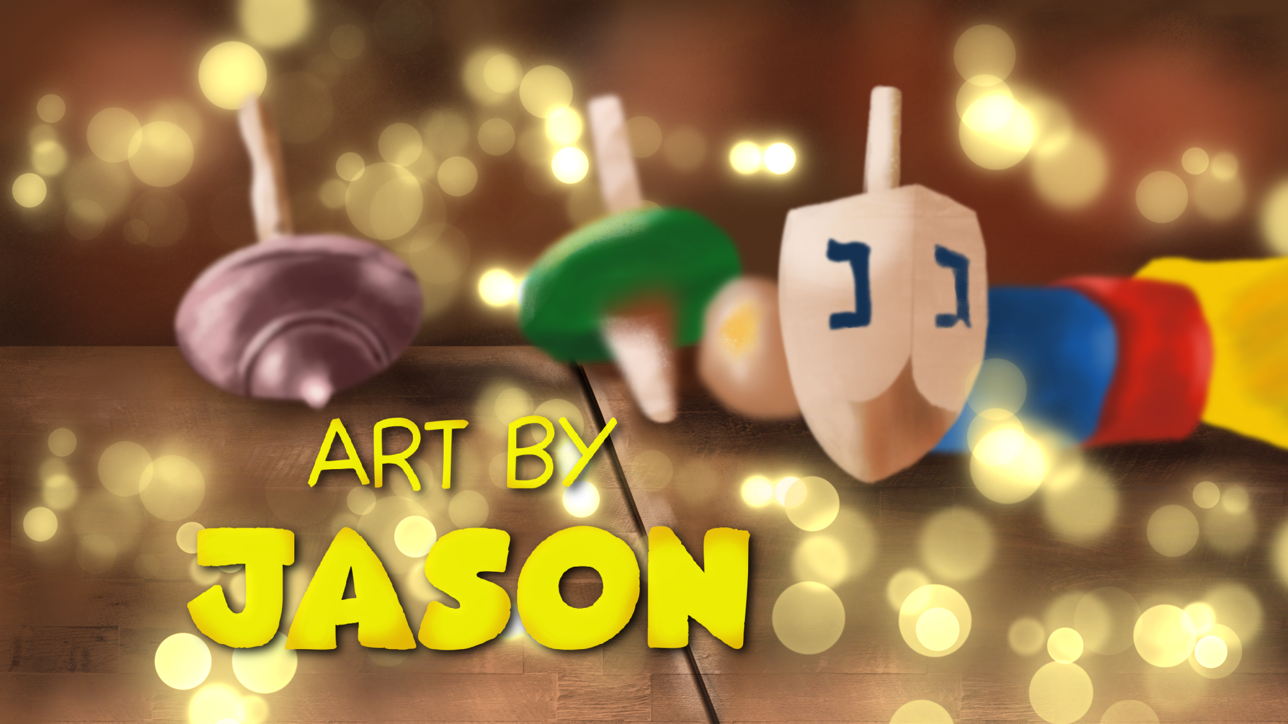 Colorful wooden dreidels in purple, green, and white/blue spin on a warm wooden surface with golden bokeh lights in the background; realistic and festive, warm amber mood.