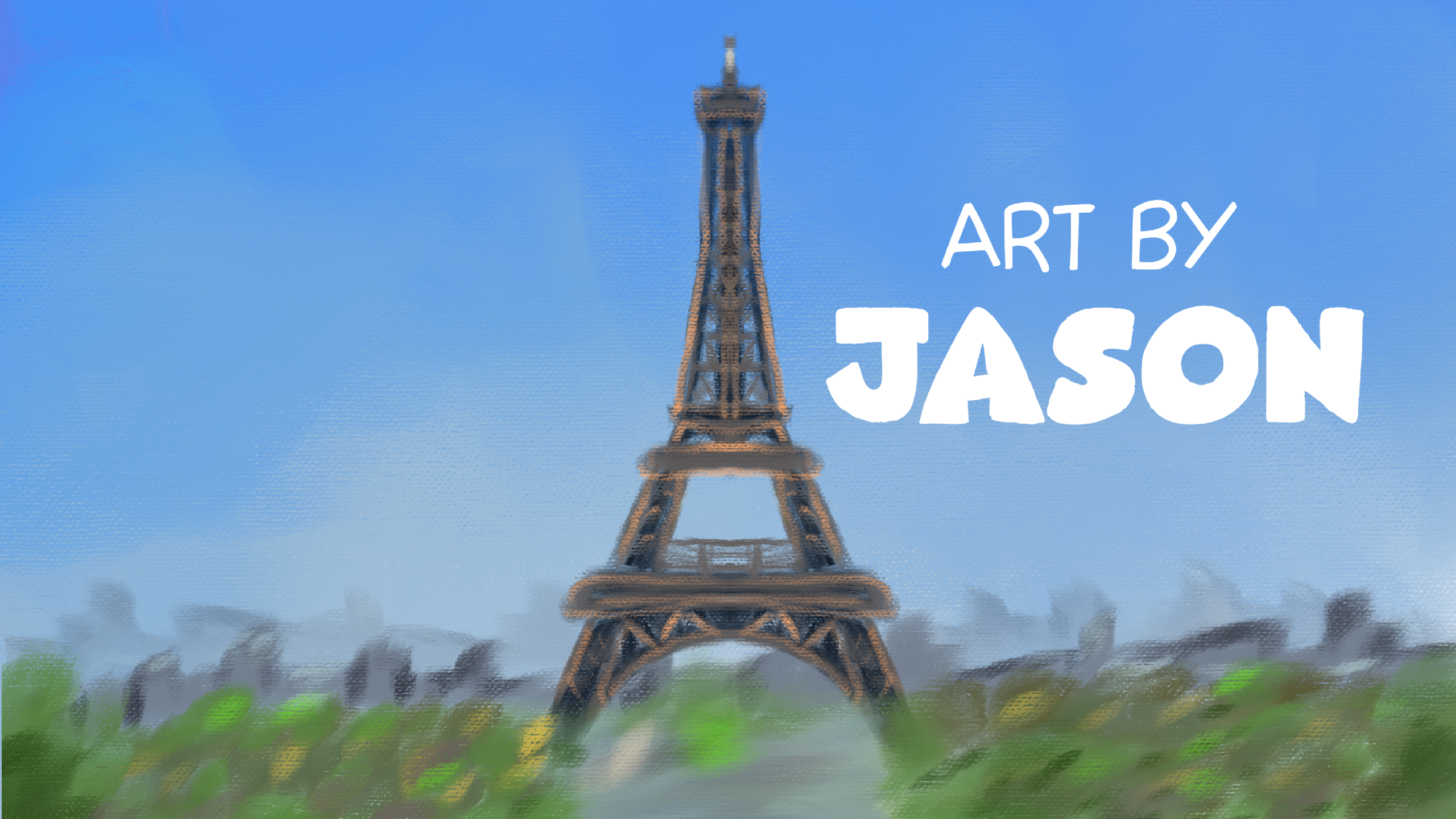 The Eiffel Tower stands in the center of a soft, impressionistic Parisian scene with green grass and hazy city buildings beneath a blue sky; painterly and romantic, muted tones.