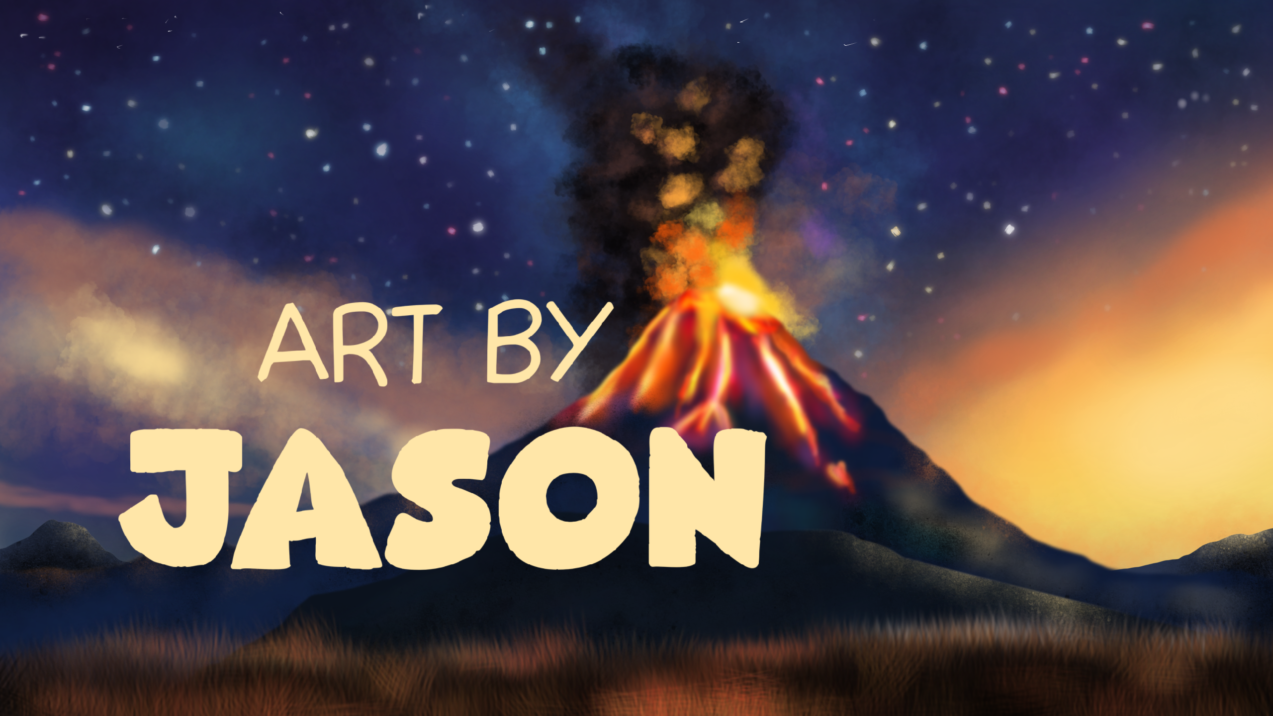 A dramatic erupting volcano with glowing orange lava flows rises against a deep navy starry sky with fiery orange clouds; moody and awe-inspiring digital painting.