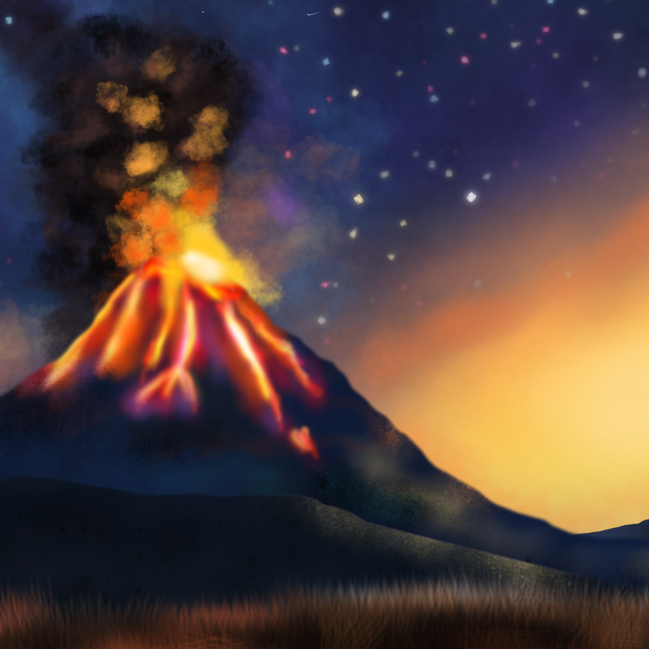 Erupting Volcano at Night