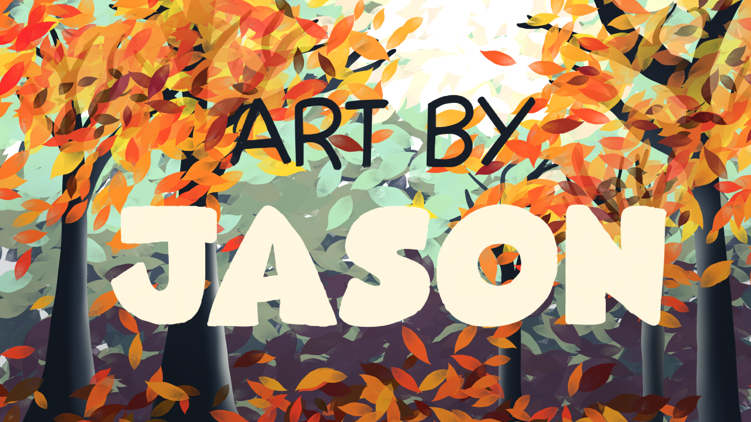 Two large trees with cascading orange, red, and yellow leaves frame a glowing light sky; loose, stylized digital illustration overflowing with warm autumn color.