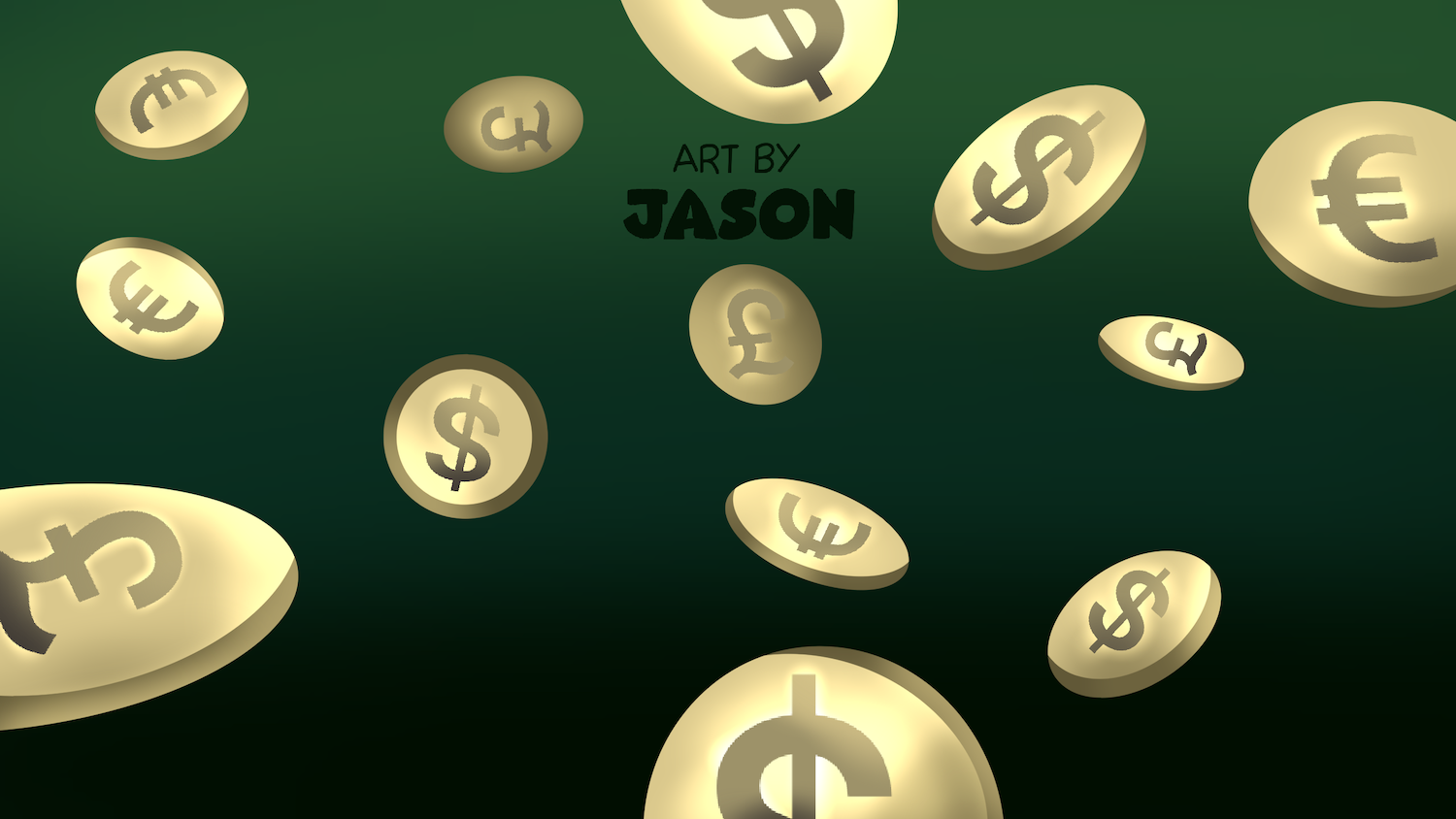Multiple gold coins with dollar and euro signs tumble and flip through the air against a deep dark-green background; sleek and dimensional with a metallic digital style.