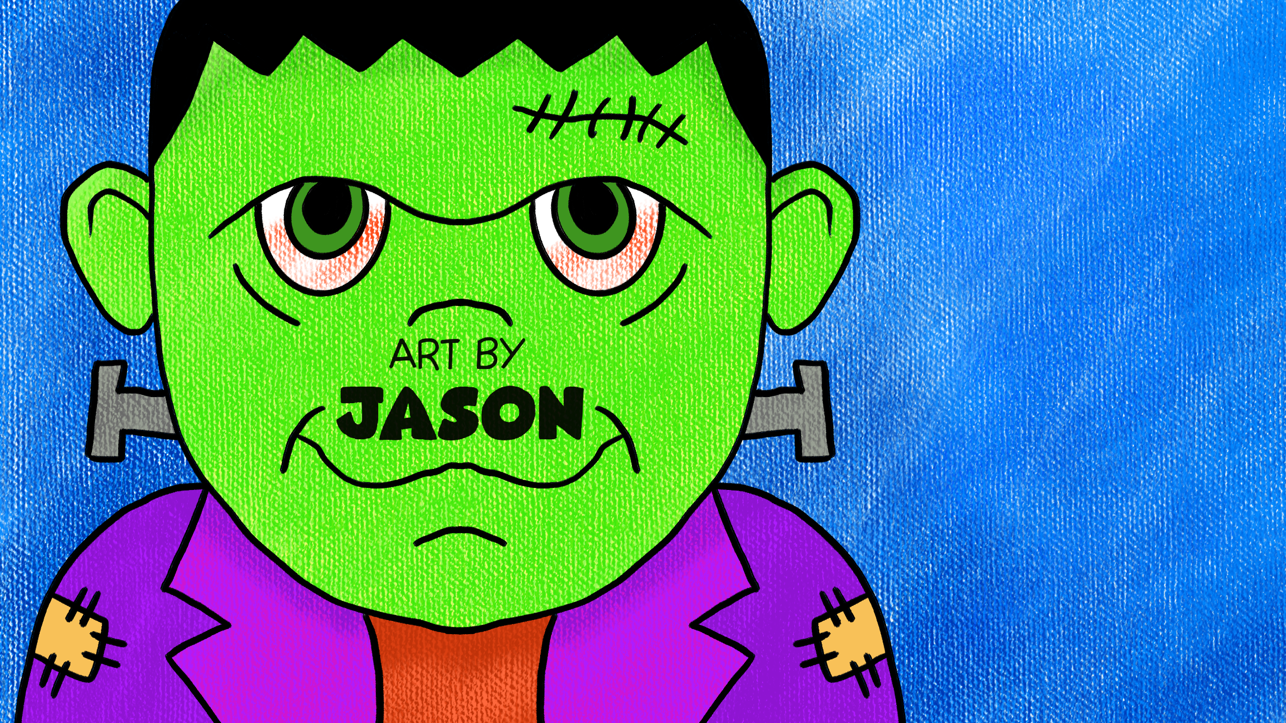 A close-up of a cartoon Frankenstein's monster face — green skin, stitched forehead, expressive eyes — in a purple jacket on a blue textured background; cute and slightly spooky with a pop-art feel.
