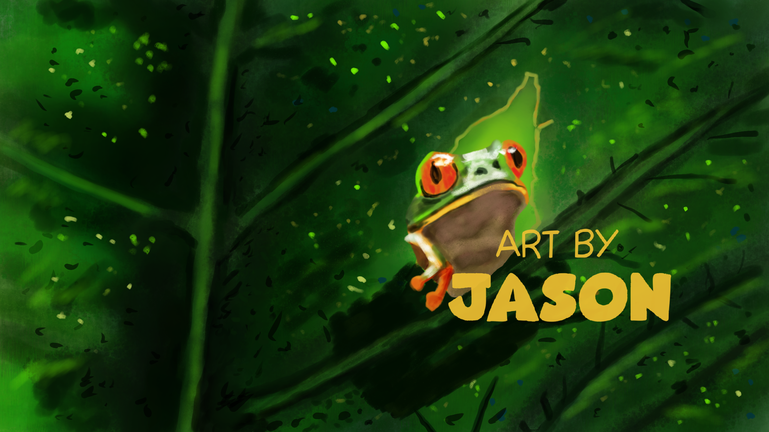 A small red-eyed tree frog peeks out from deep within an enormous dark-green tropical leaf; rich, saturated greens with dramatic lighting and a lush jungle atmosphere.