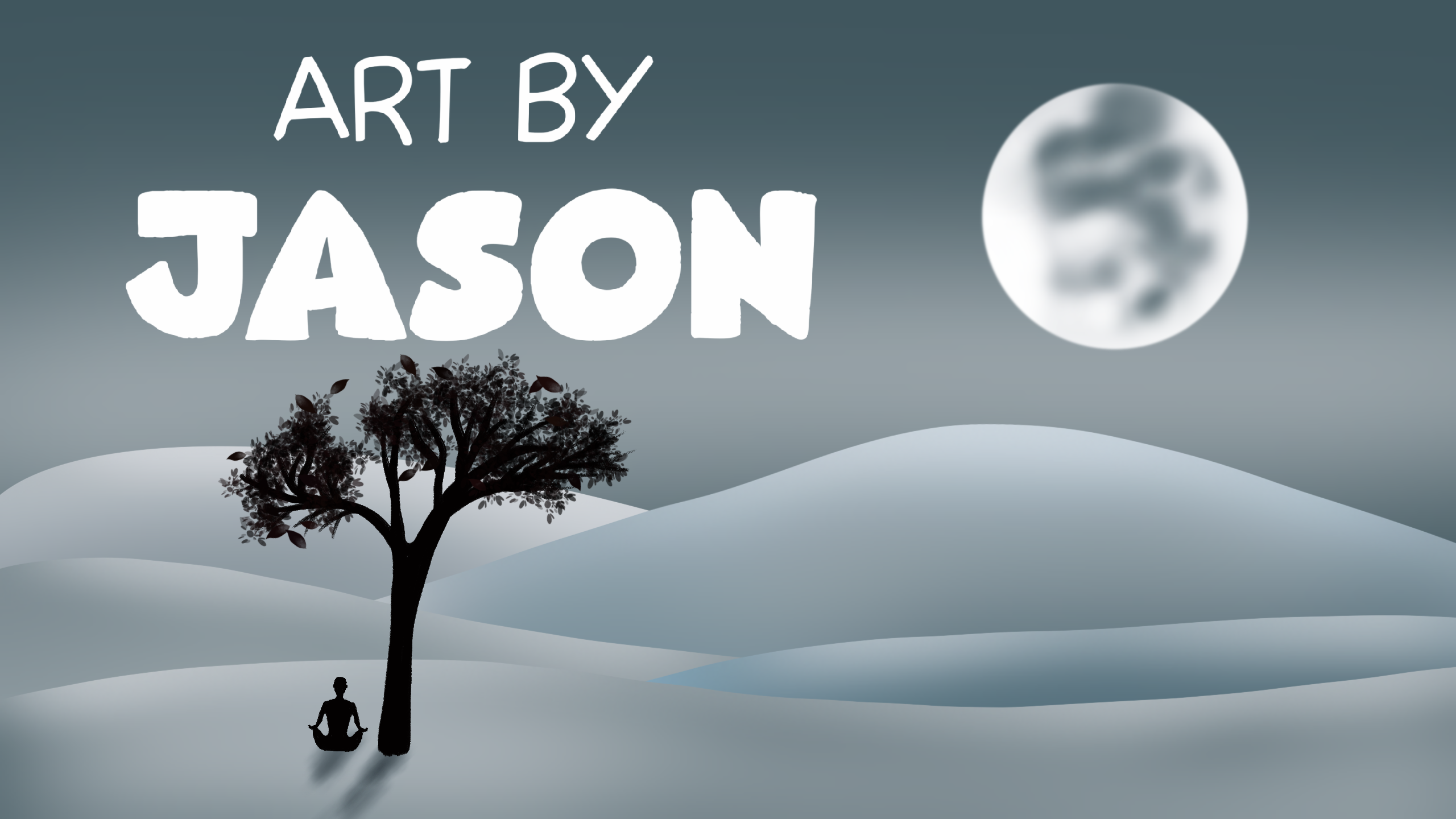 A silhouetted figure meditates under a tree beside a large full moon in a cool gray-blue minimalist landscape; serene, calm, and geometric digital art.