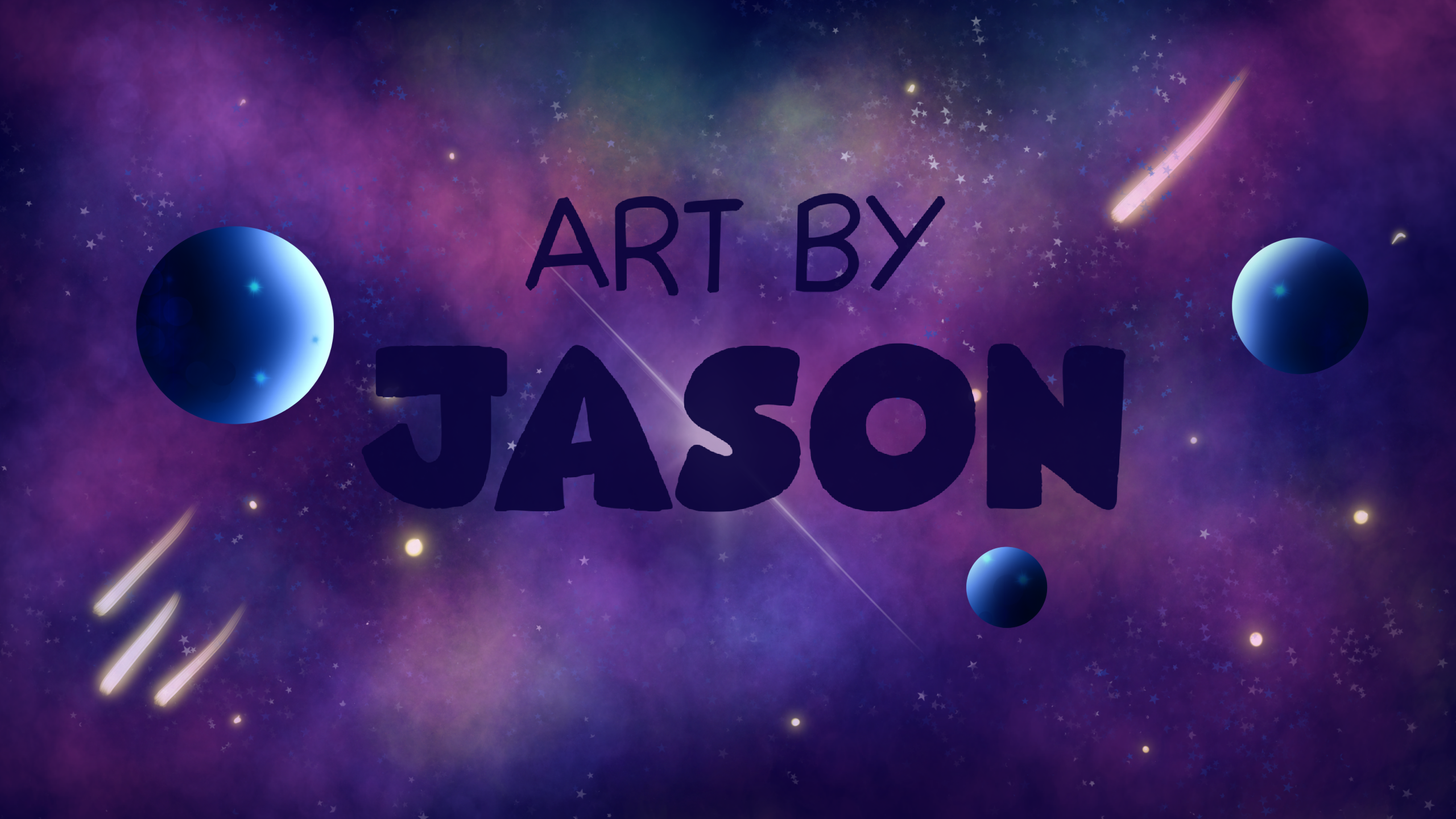 Deep-purple and violet space scene with blue planets, meteor trails, and glittering stars scattered across the background; cosmic and mysterious with a sense of wonder.