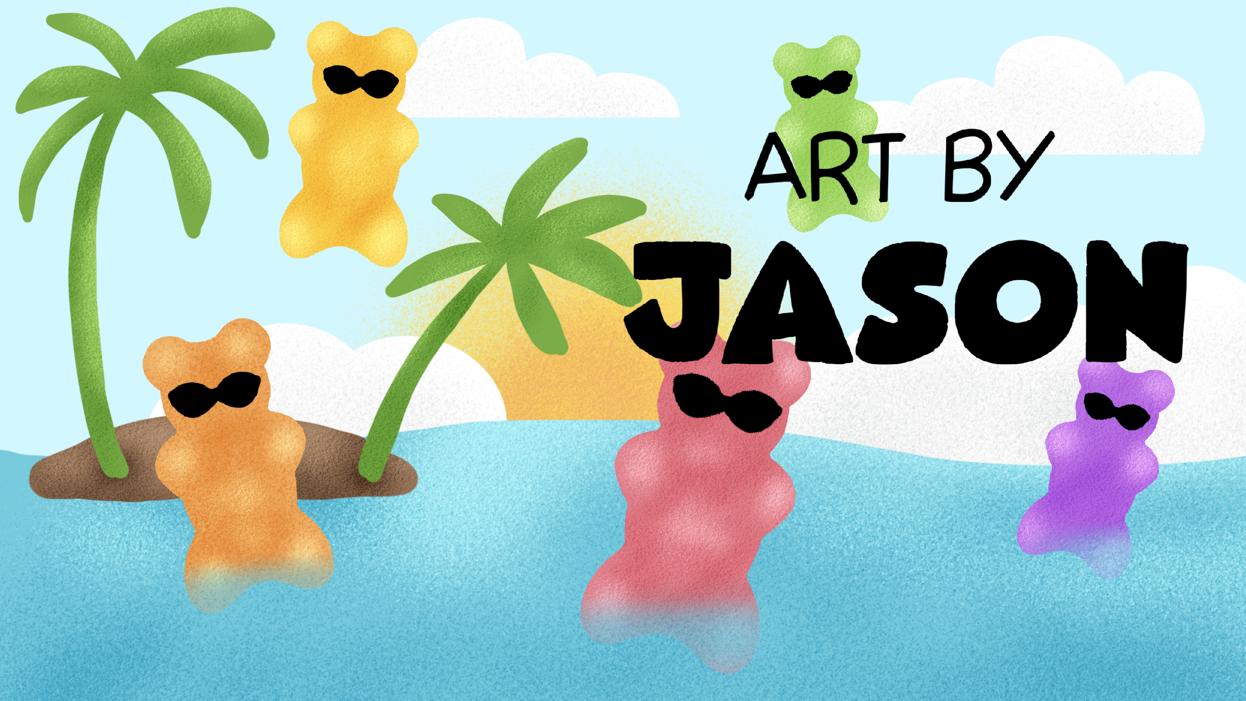 Colorful gummy bears in yellow, orange, pink, and purple wearing sunglasses lounge on a small tropical island and in the blue ocean with palm trees; playful and fun with a cartoon digital style.