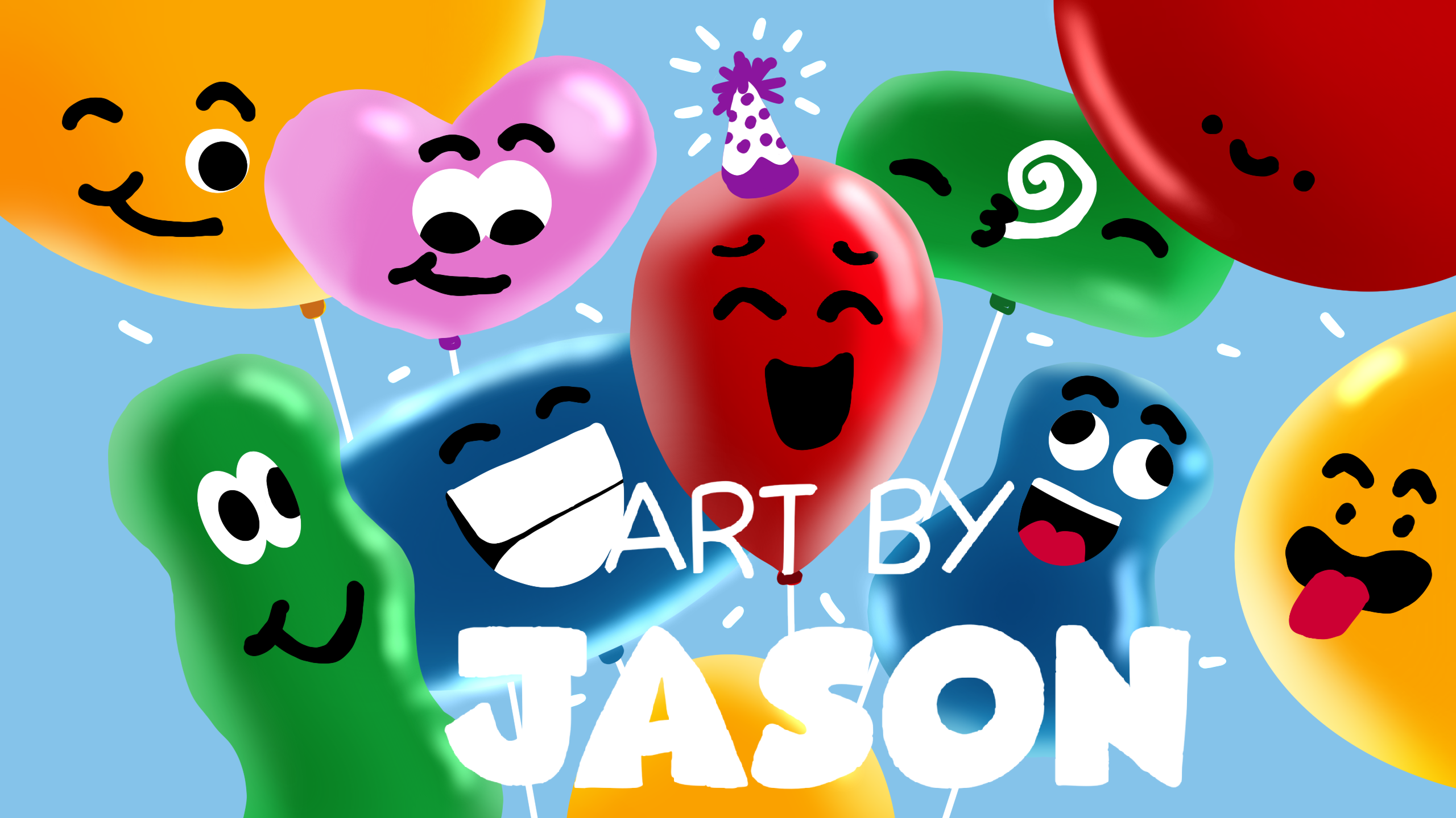 A crowd of colorful 3D balloons in green, pink, red, blue, yellow, and teal, each with a different emoji-like smiley face, float on a light blue background; playful and celebratory.