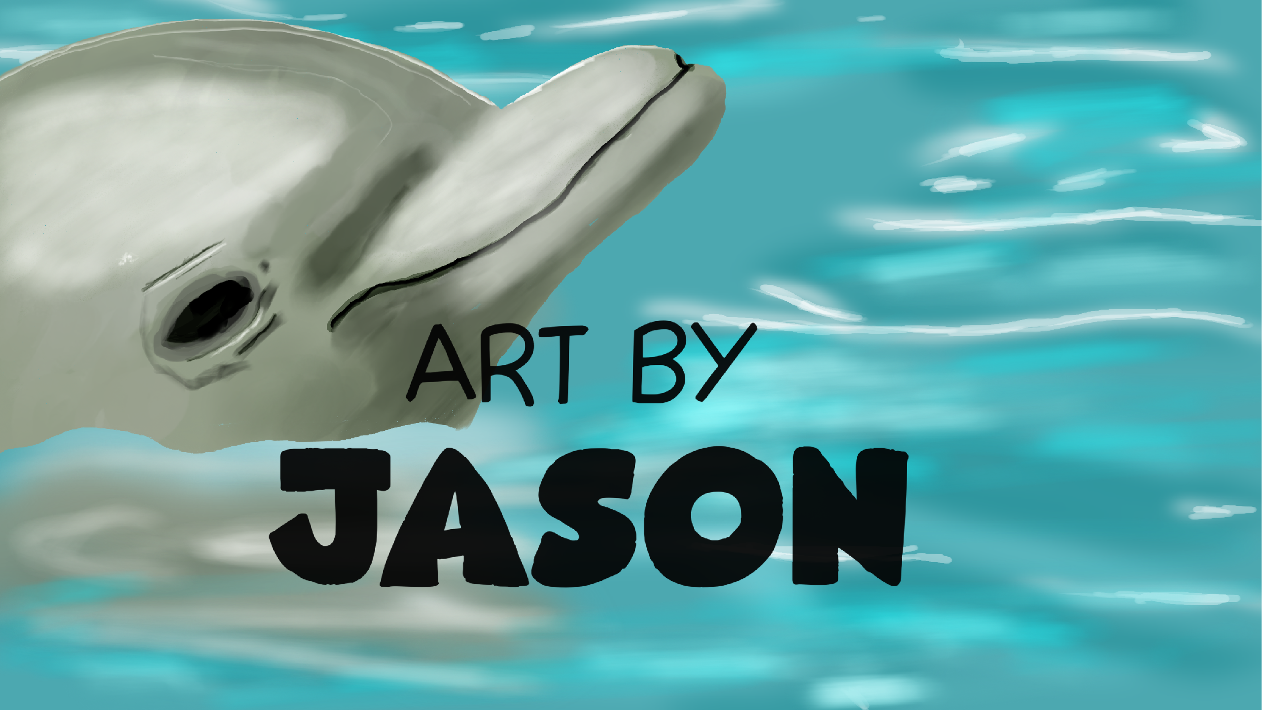 A close-up of a realistic gray dolphin emerging from vivid turquoise water, looking directly at the viewer with a gentle expression; painterly with soft reflective water textures.