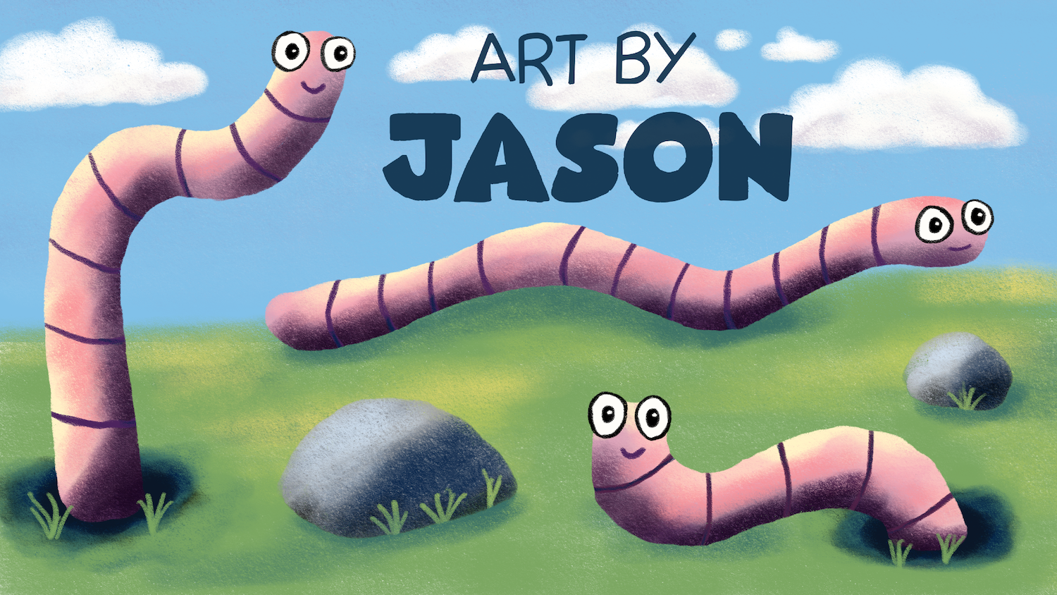 Three friendly pink-purple earthworms with googly eyes wriggle in a green grassy scene under a blue sky with fluffy clouds; whimsical, textured digital style, light and cheerful.