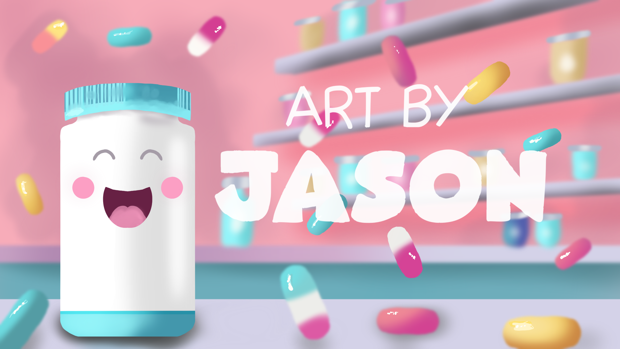 A smiling white pill bottle with rosy cheeks sits on a pastel pink pharmacy counter surrounded by colorful capsule pills scattered in the air; cute 3D-rendered style, bubbly and lighthearted.