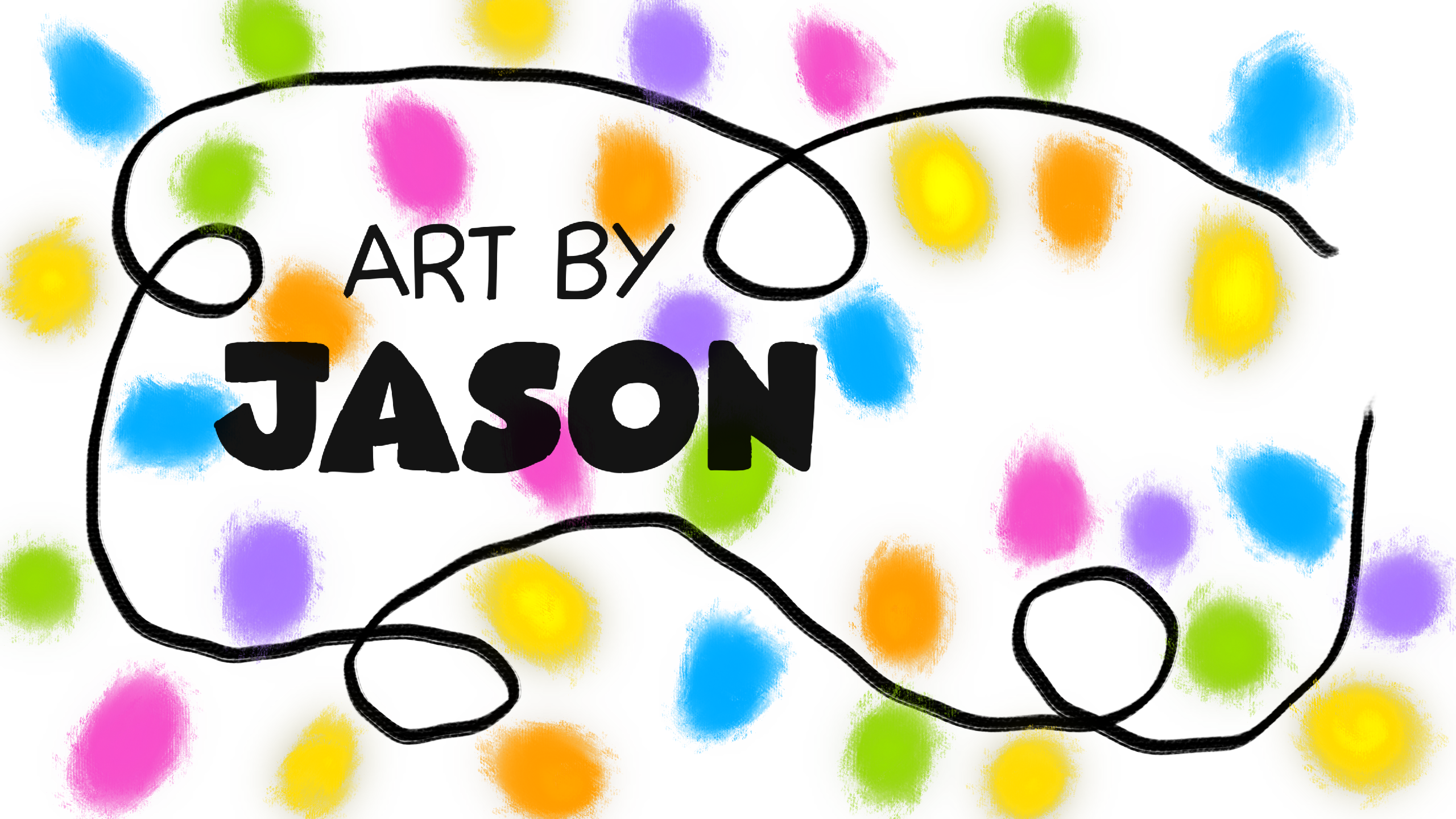 A simple line drawing of a string of Christmas lights loops across a white background with colorful soft paint-blotch bulbs in blue, green, pink, purple, yellow, and orange; minimalist and cheerful.