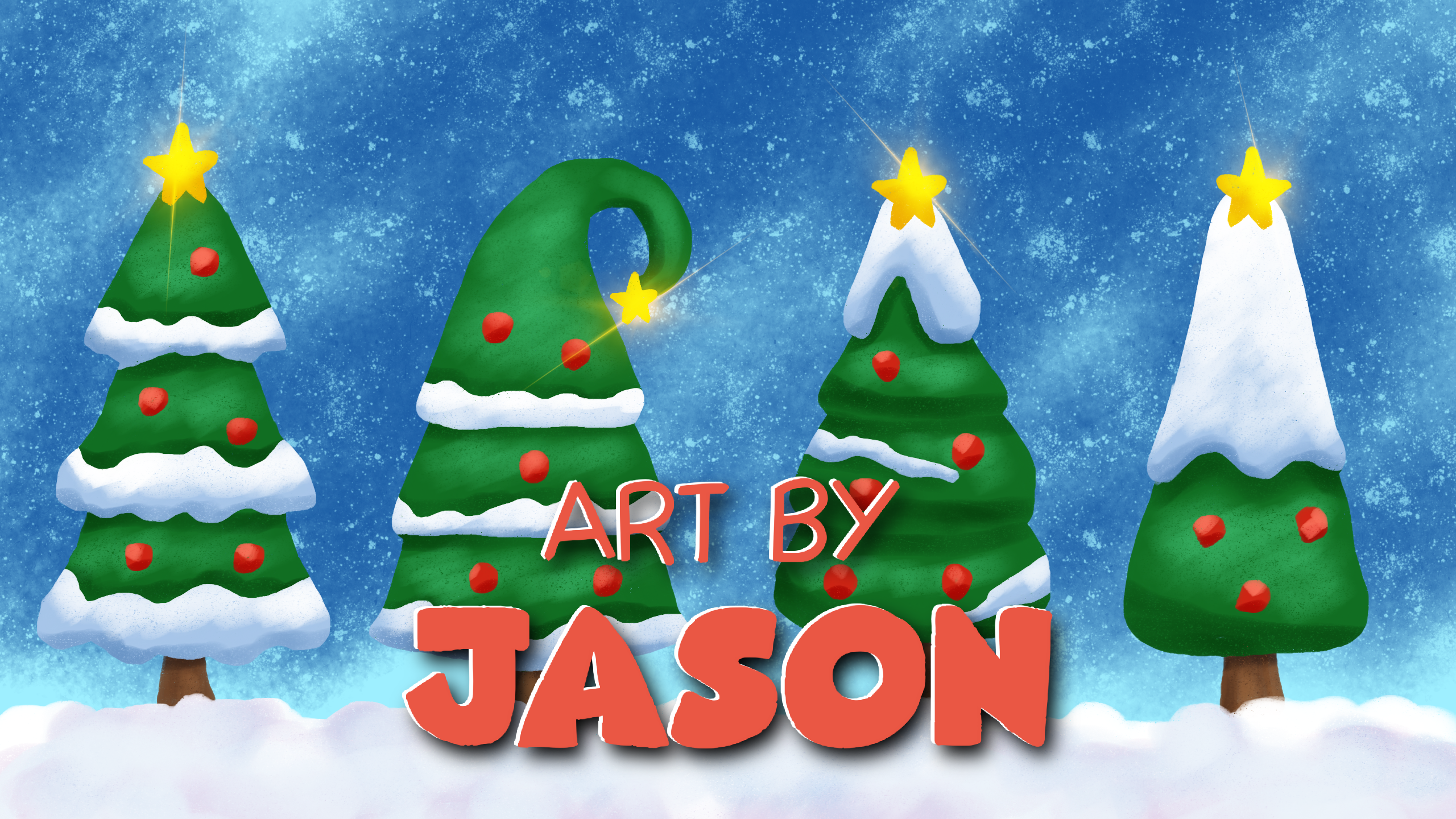 Four cartoon Christmas trees in varying quirky shapes, each green with red ornaments and a yellow star, stand in a snowy blue landscape; festive and playful with a soft digital texture.