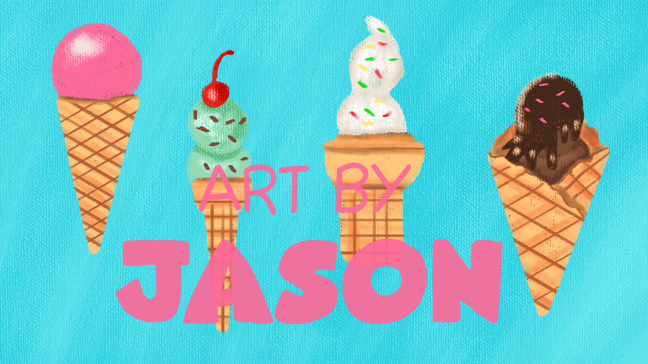 Four waffle-cone ice cream scoops — pink, mint, vanilla, and chocolate — stand in a row against a bright turquoise-blue textured background; painterly and fun, vibrant and appetizing.