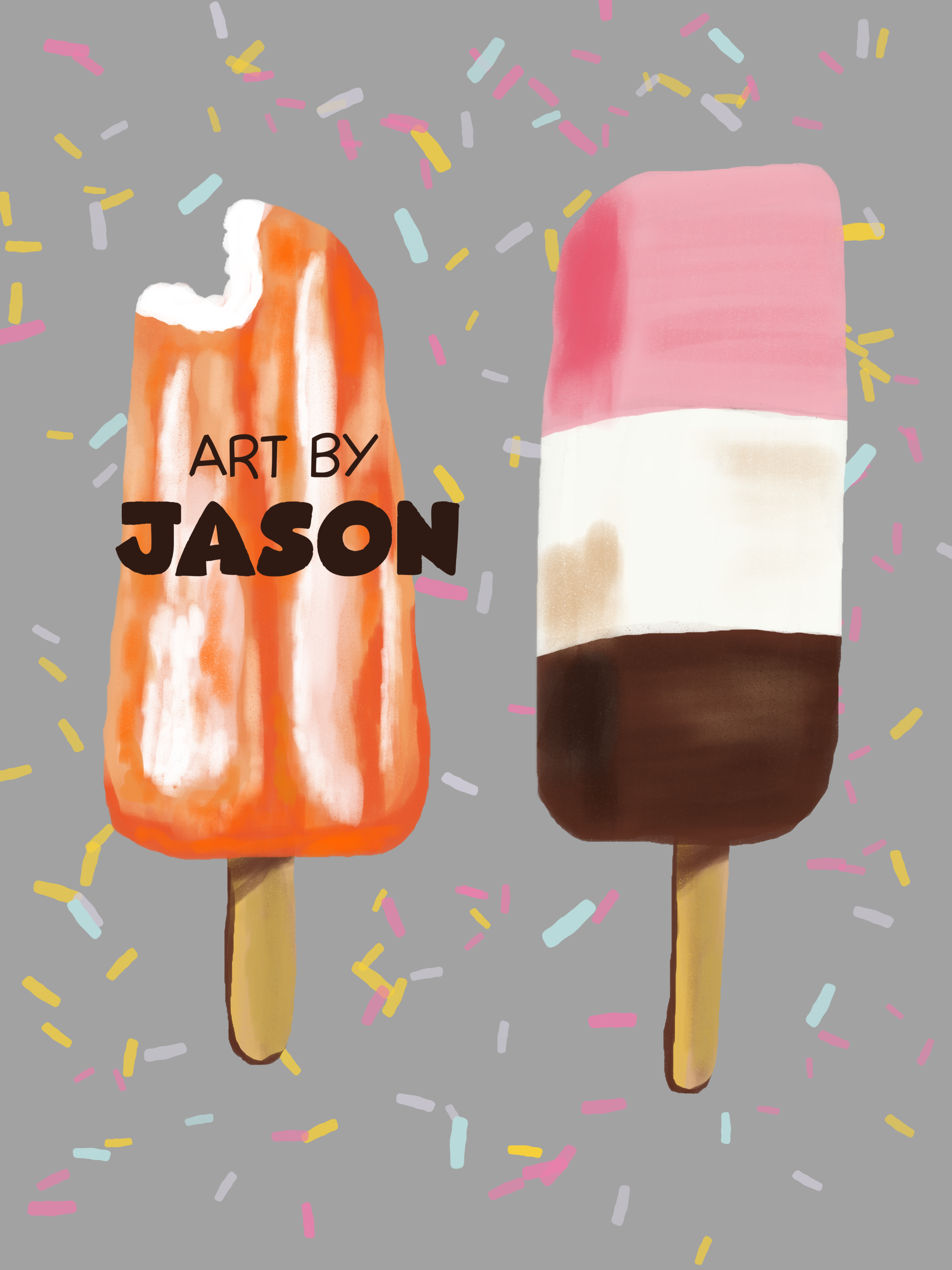 Two ice cream bars on sticks — one orange creamsicle with a bite taken out, one pink-white-chocolate layered bar — against a gray background scattered with colorful sprinkles; bold, painterly, and playful.