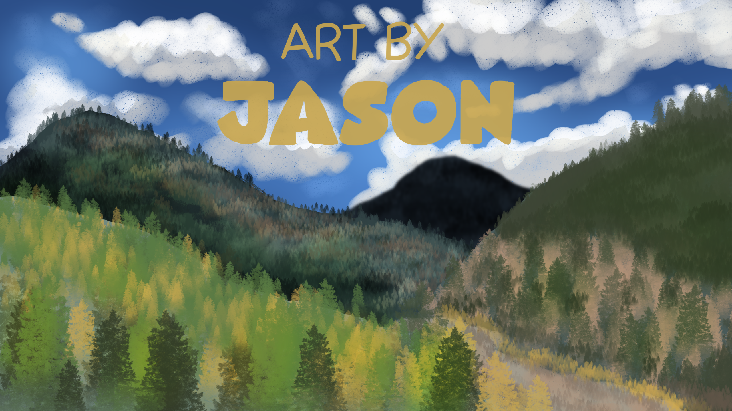 Dense green and golden forest-covered mountains rise under a wide blue sky with clouds; painterly digital landscape with naturalistic, rich colors.
