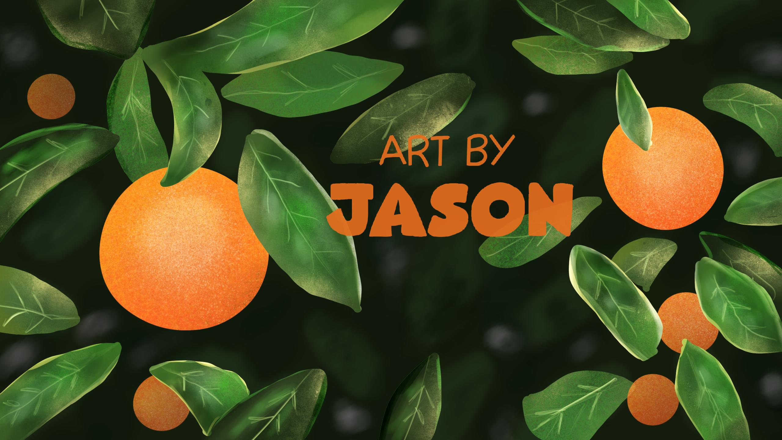 Vibrant orange citrus fruits and large glossy dark-green leaves fill the frame against a deep forest-green background; rich and lush with a 3D-textured digital style.
