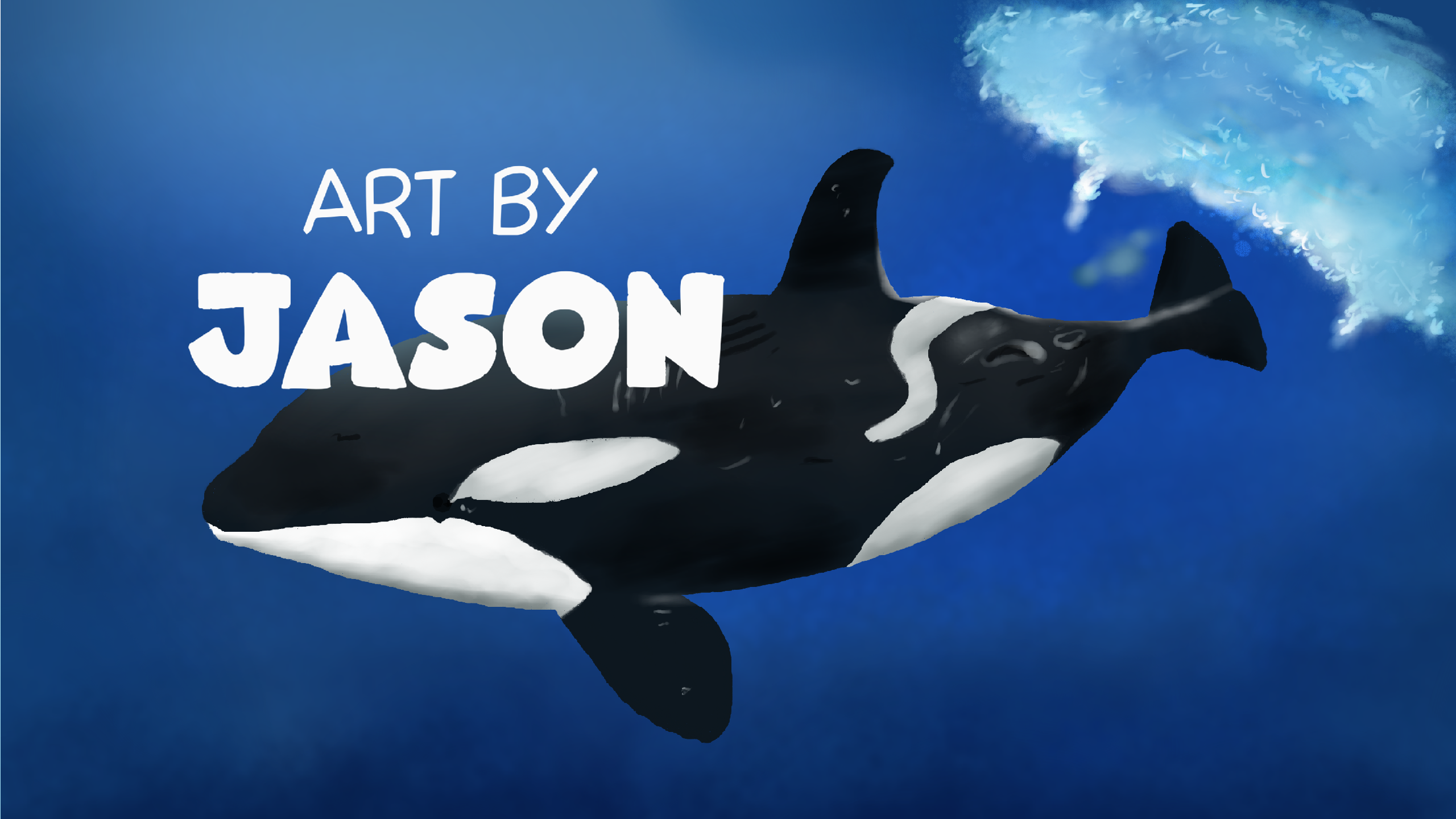 A realistic black-and-white orca swims against a deep blue underwater background near the surface; dramatic and bold with strong contrast and painterly water effects.