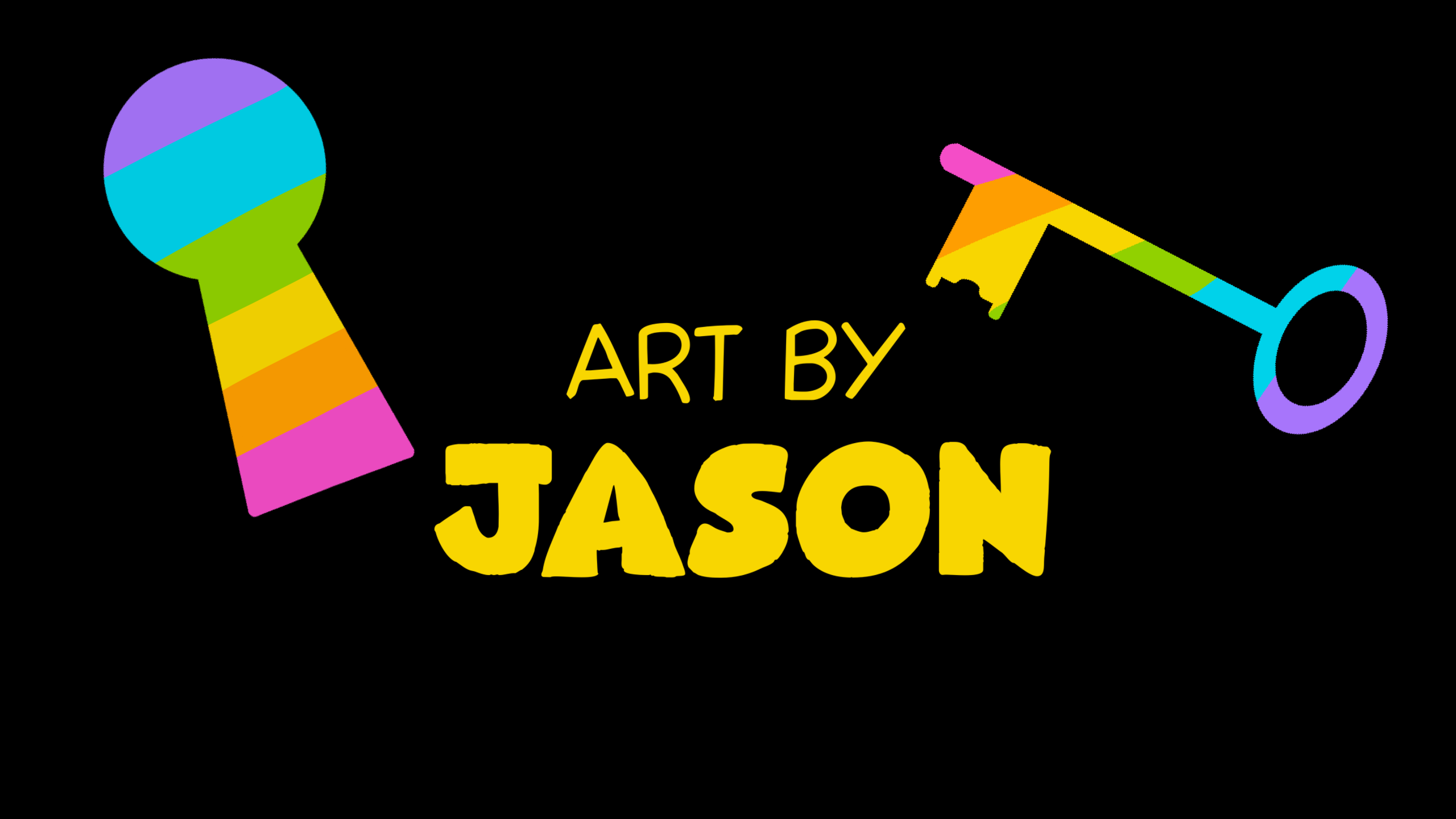 A rainbow-striped keyhole and a matching rainbow-striped skeleton key float against a solid black background; graphic and bold with clean vector-like lines and vivid candy colors.