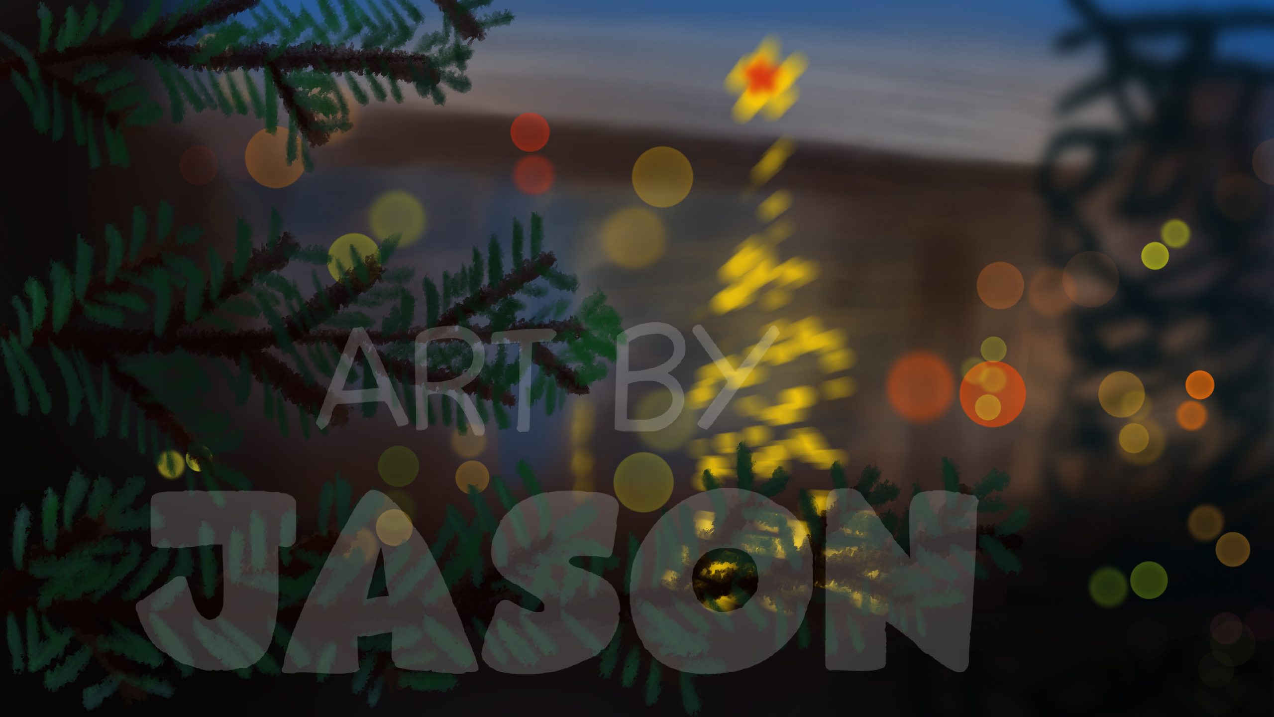 A view through dark evergreen branches toward a glowing Christmas tree in a yard at dusk, with warm yellow and orange bokeh orbs; atmospheric and intimate, rich in blues and golds.