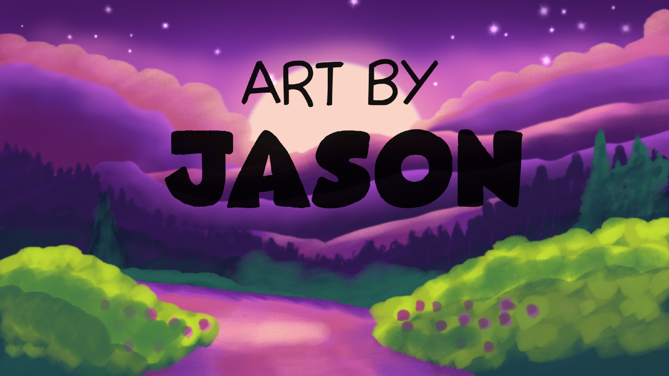 A winding purple river leads through a lush landscape of green bushes and purple-tinted trees under a glowing purple-pink sky with stars; fantastical and painterly with jewel-toned colors.