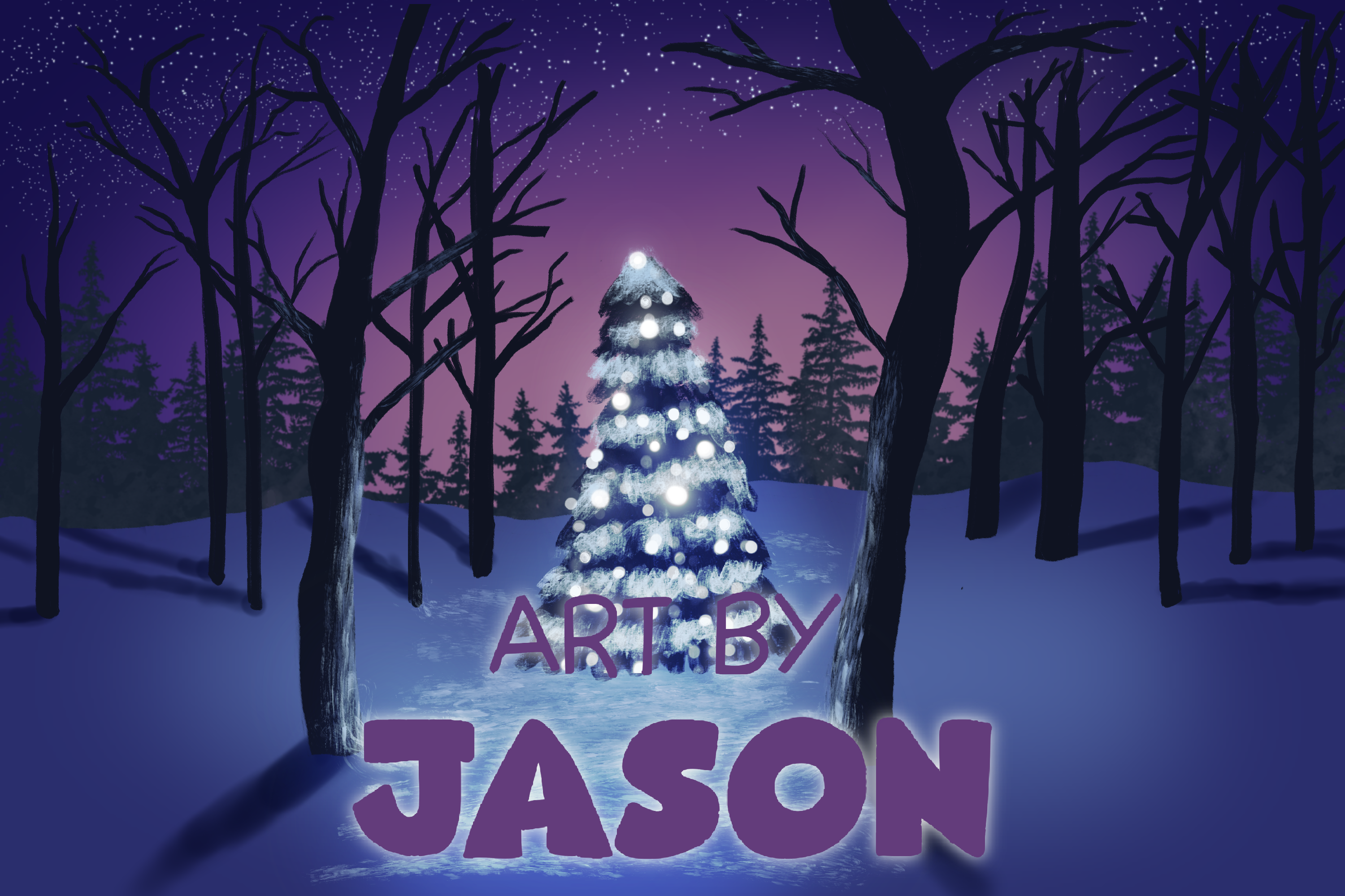 A single snow-dusted Christmas tree glowing with white lights stands in a dark purple winter forest; intimate and magical, with deep indigo and lavender tones.