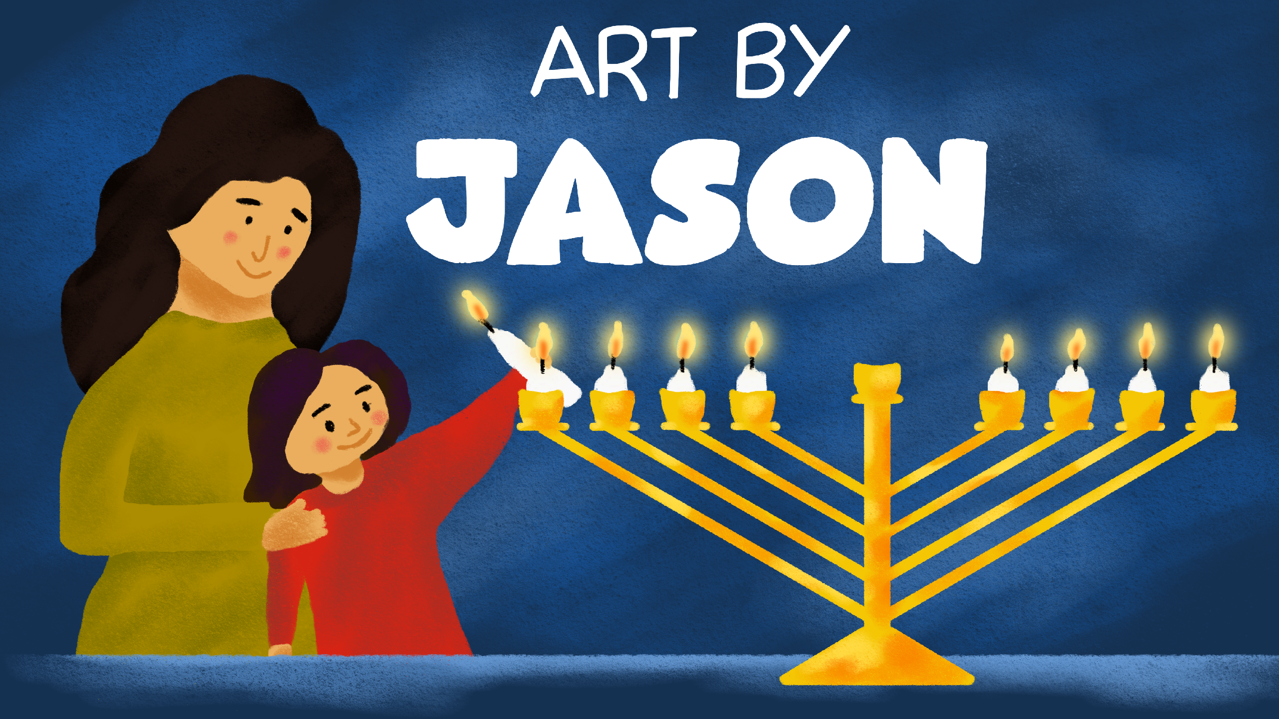 A warm digital illustration of a mother and young child lighting a fully lit golden menorah against a deep blue background; heartfelt and tender, holiday-themed.