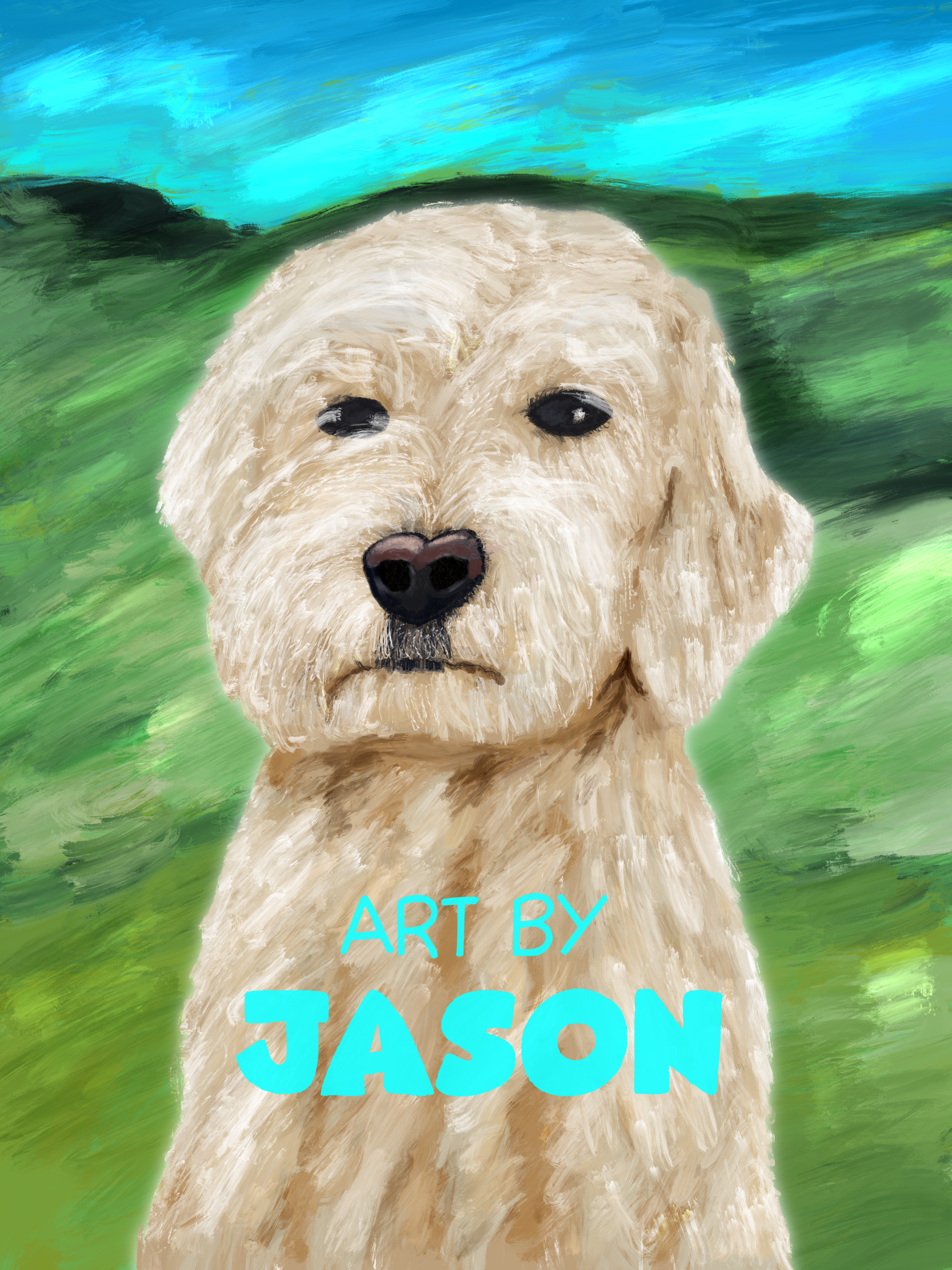 A portrait of a fluffy golden doodle dog with creamy fur, staring forward, painted against a vibrant green-and-teal brushstroke background; expressive oil-painting style with bold color.