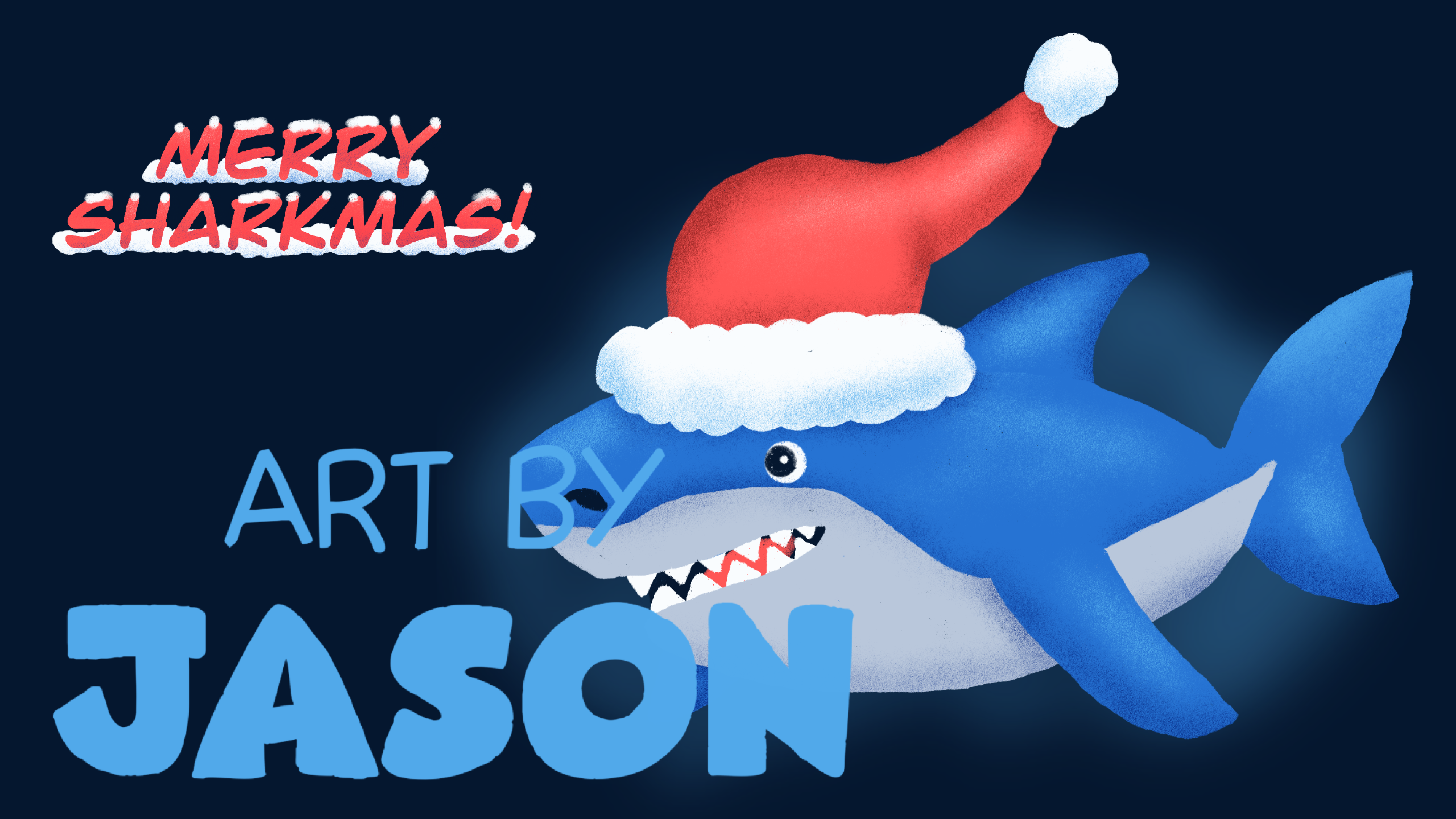 A cartoon blue shark wearing a red Santa hat smiles wide against a dark navy background with "Merry Sharkmas!" text; bold, fun, and festive digital illustration.