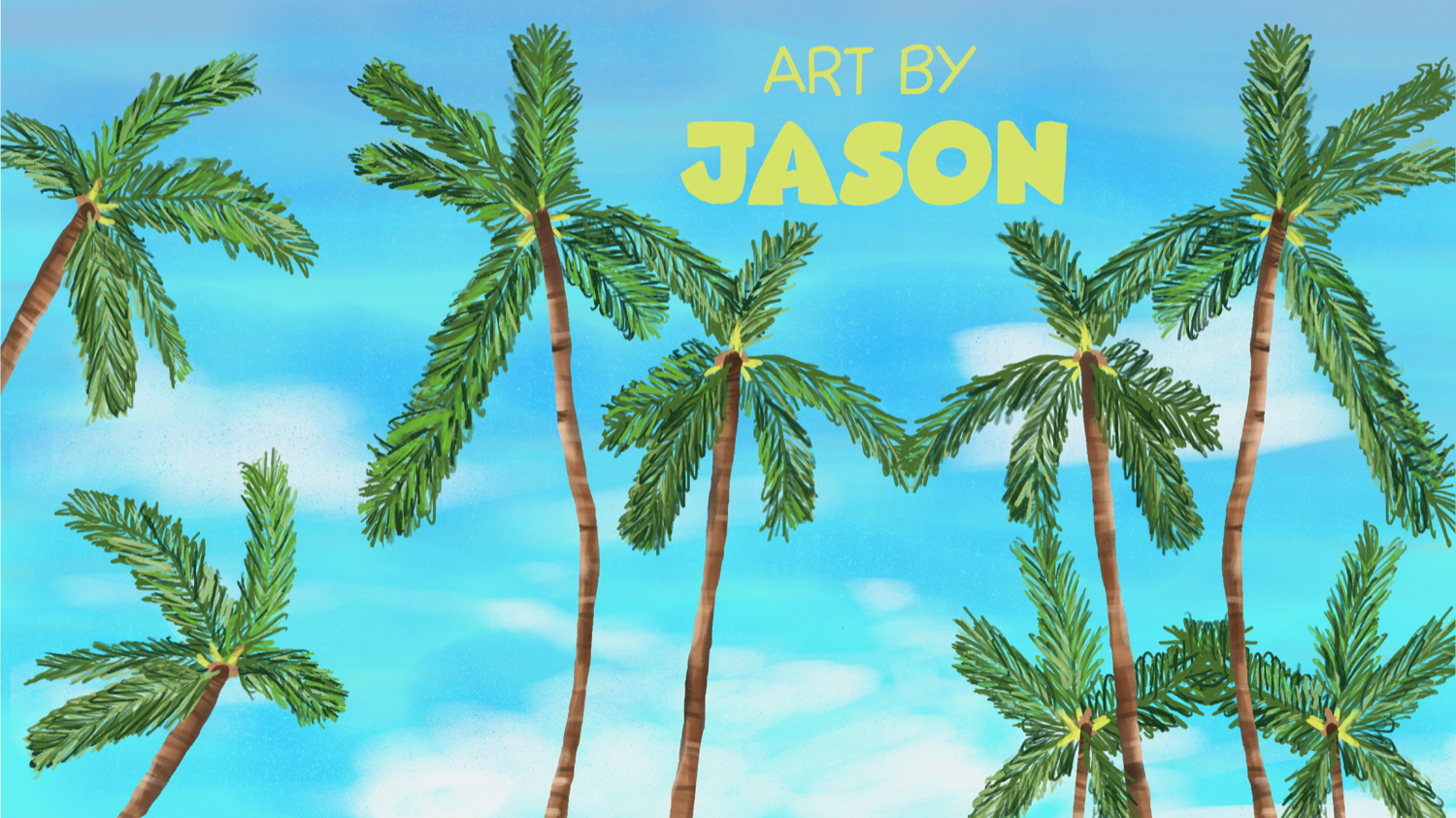 Multiple tall palm trees with swaying green fronds fill the frame against a bright blue sky with white clouds; impressionistic and tropical with warm, uplifting energy.