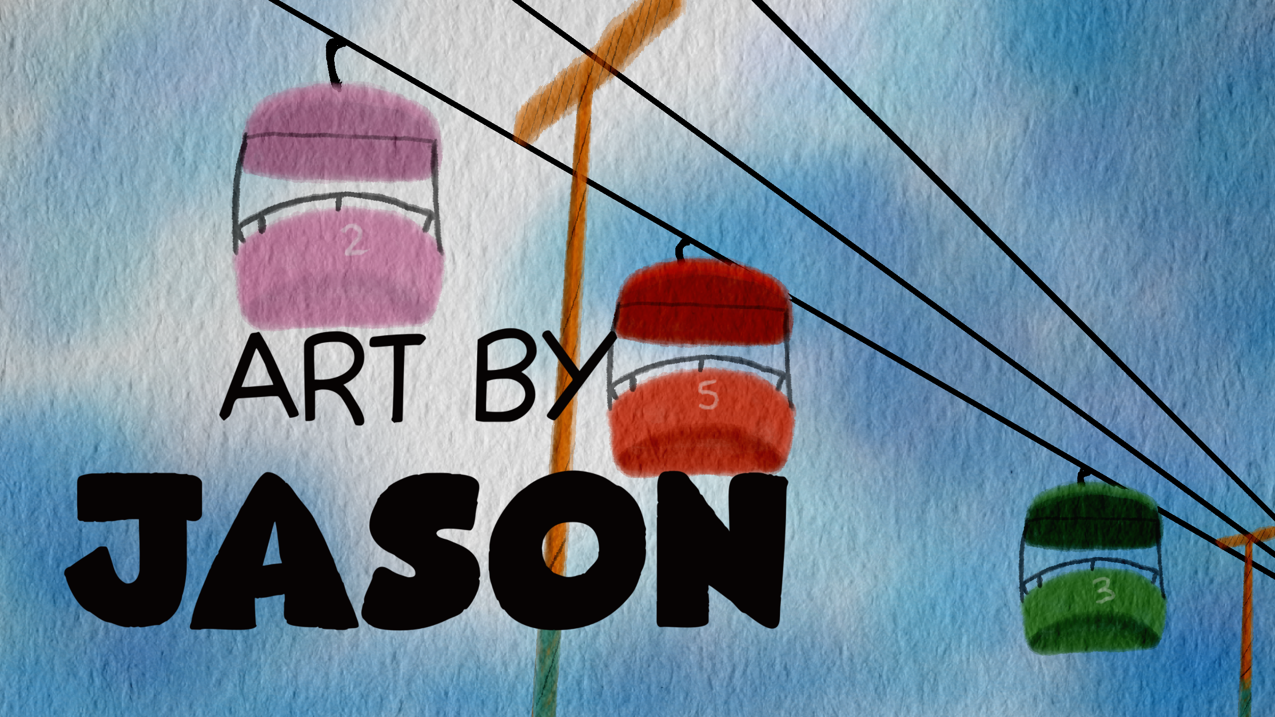 Three colorful gondola cable cars — pink, red, and green — hang on cables against a light watercolor sky; soft, loose watercolor style with a whimsical and nostalgic feel.