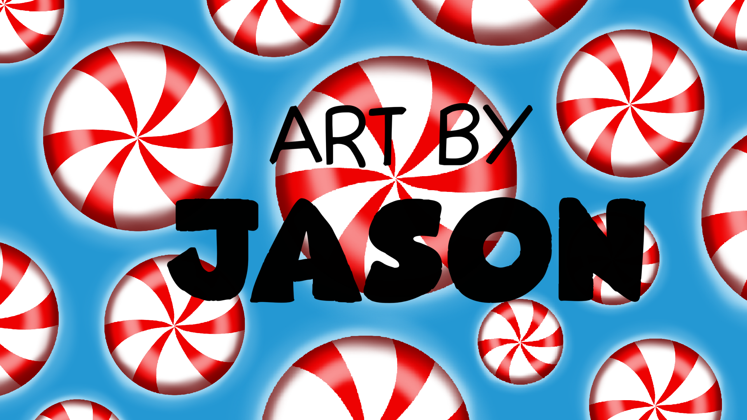 A repeating pattern of red-and-white swirled peppermint candies fills the frame on a bright blue background; bold, graphic, and festive with a digital illustration style.