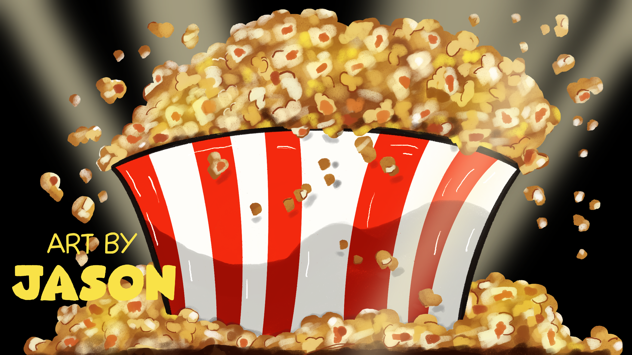 An overflowing red-and-white striped popcorn bucket erupts with golden buttered popcorn against a dramatic black background with spotlight rays; vivid and bold digital art.