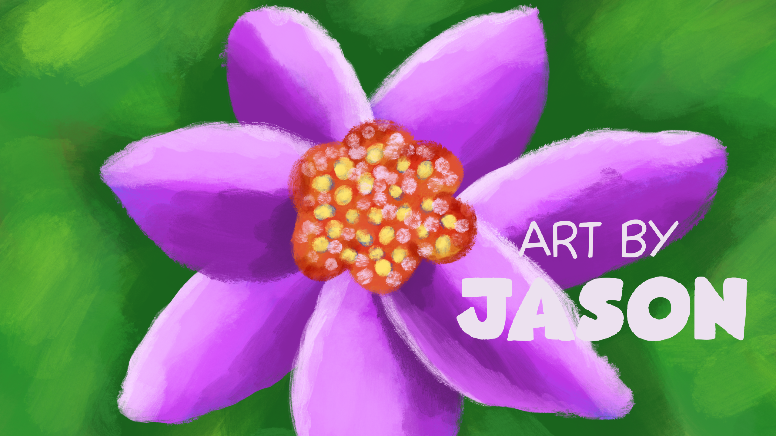 A close-up of a large purple flower with a bright orange-and-red center, painted against a lush green background; vibrant and painterly with soft brushwork.