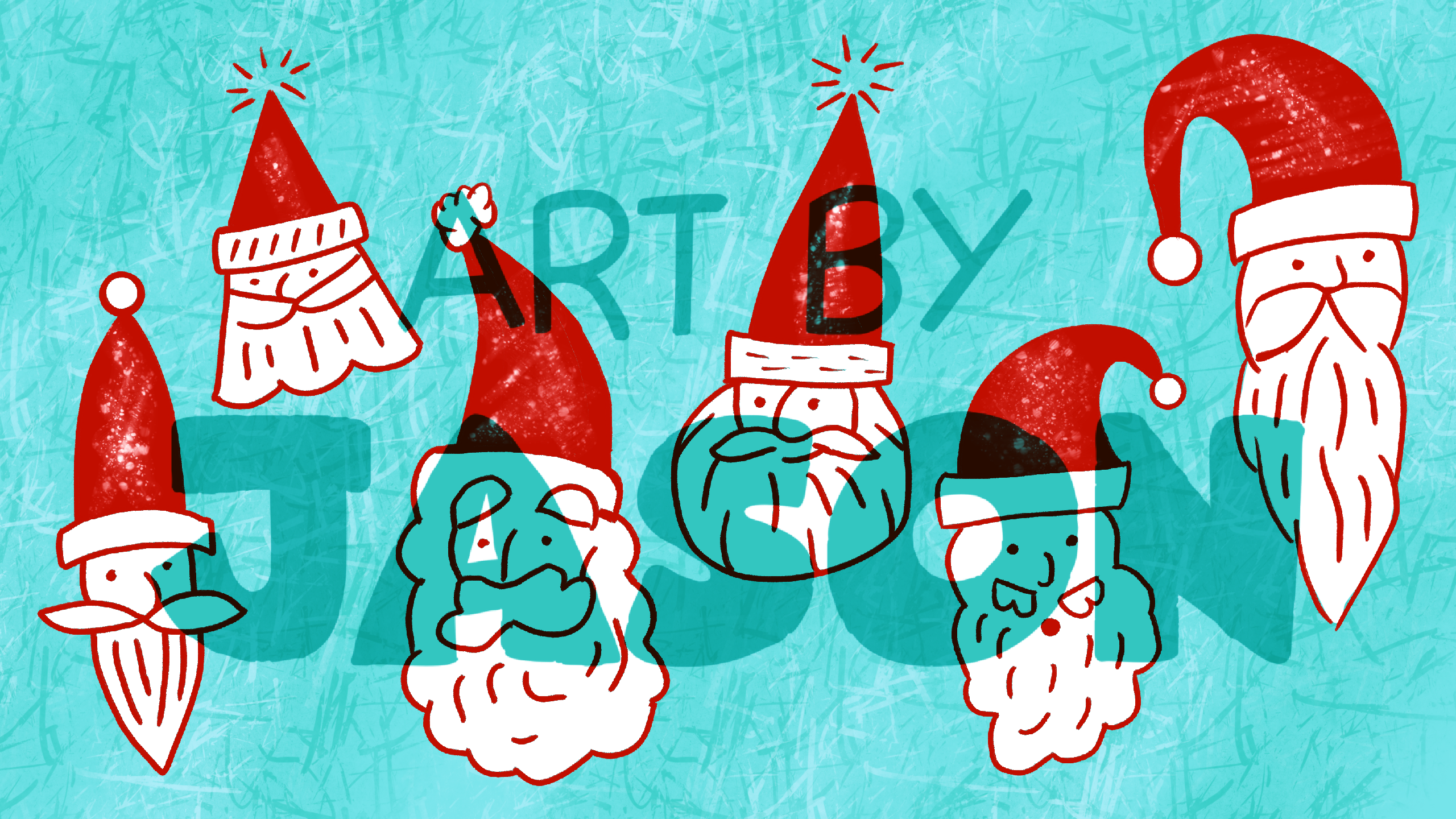 Six stylized Santa Claus faces with varied expressions and long beards are arranged across a textured turquoise background; bold red-and-white with a retro illustrated quality.