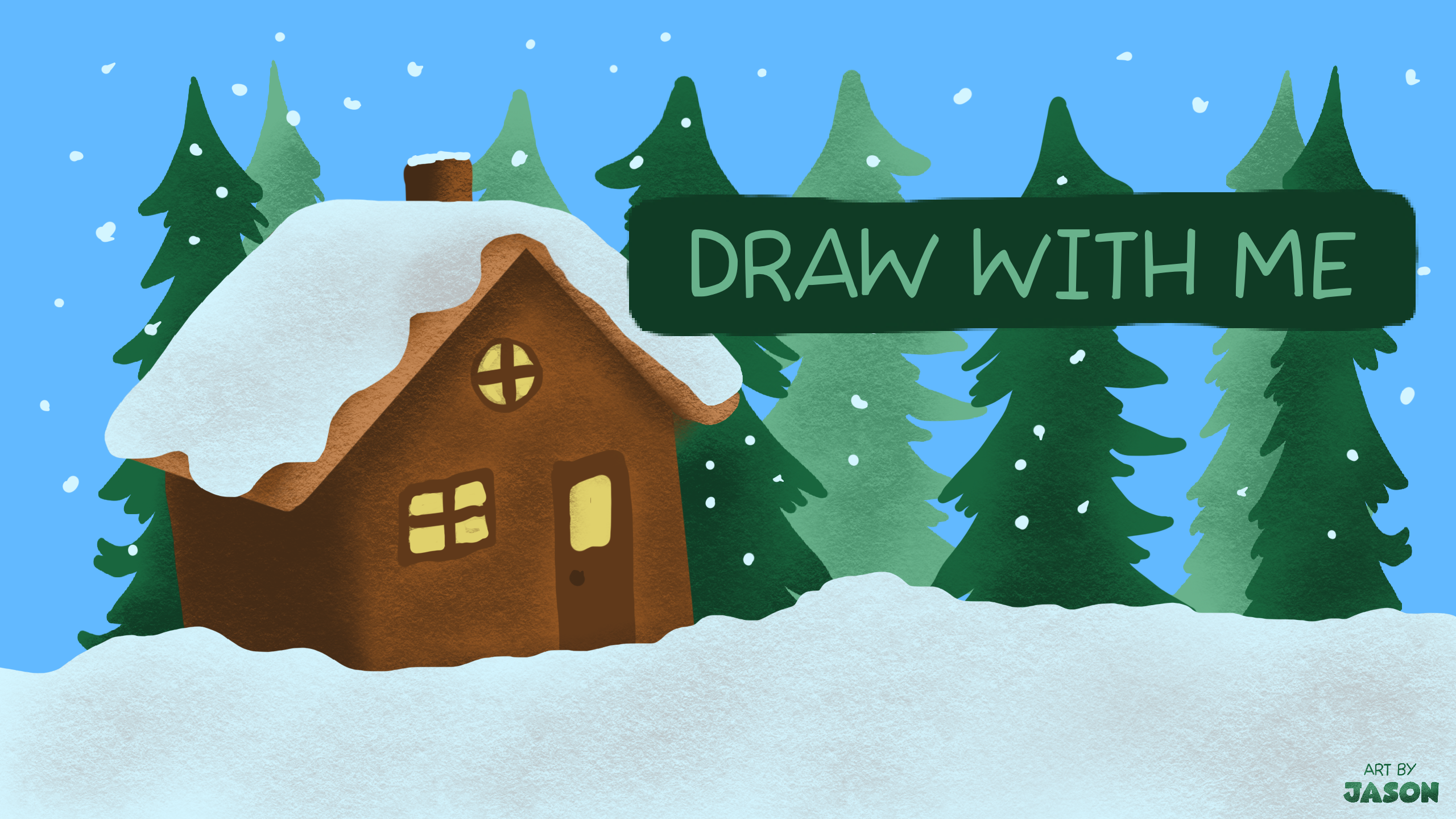 A snow-covered brown log cabin glows warmly from its windows, surrounded by snow-dusted green fir trees with white snowflakes falling; cozy and inviting digital illustration.