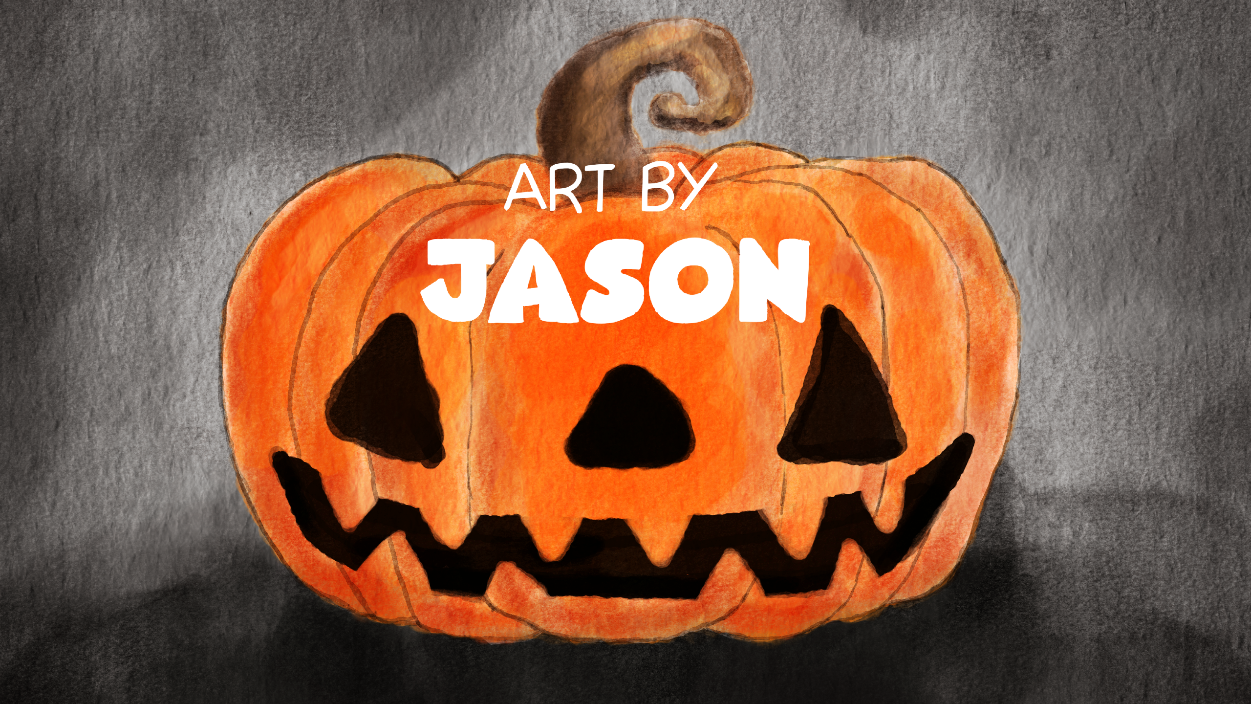 A large orange jack-o'-lantern with a jagged grin and curling stem sits centered on a dark gray textured background; bold watercolor-style illustration, classic Halloween mood.